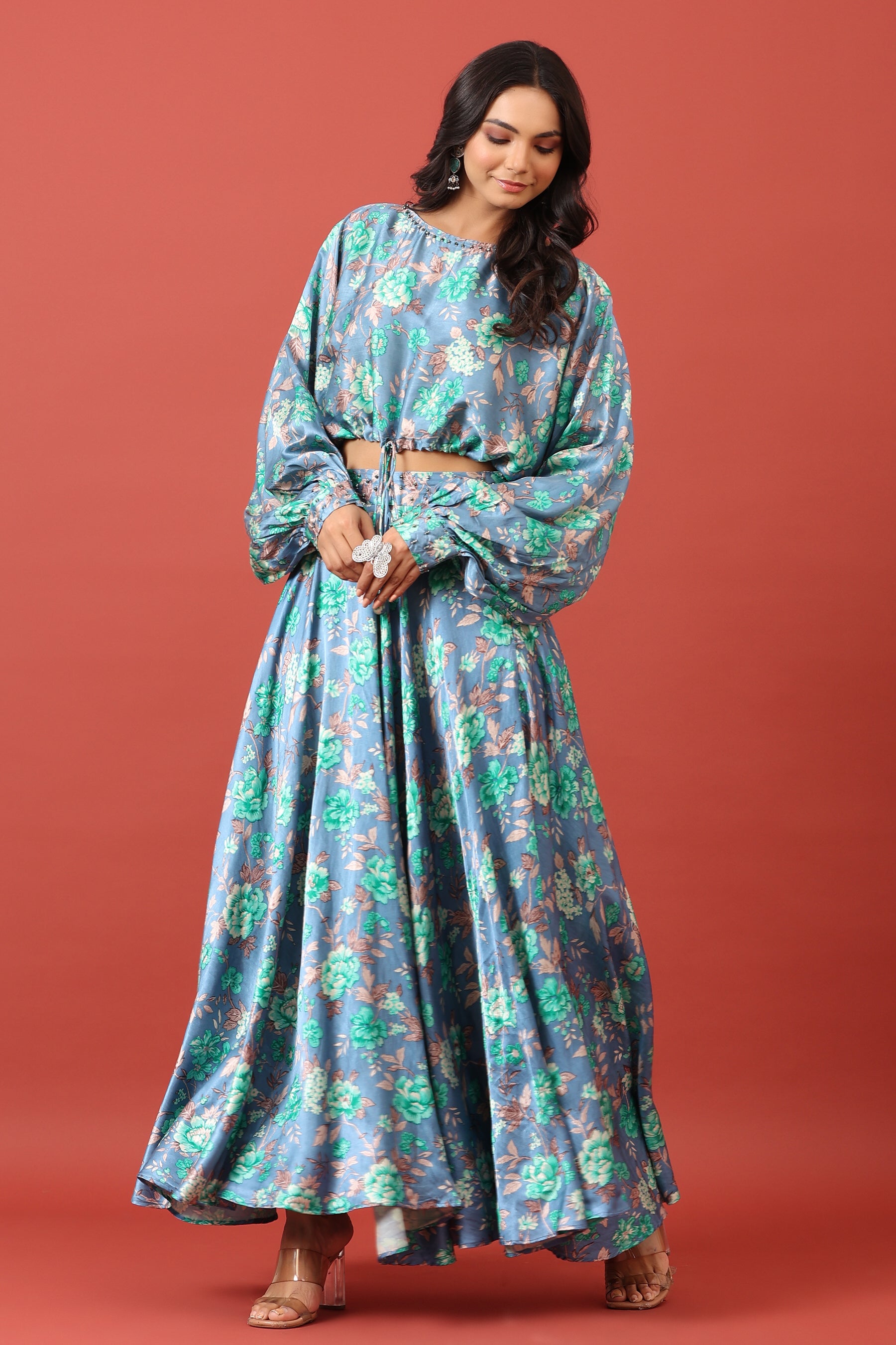 Valley of Flowers on Blue Pure Satin Russian Silk Co-ord Set