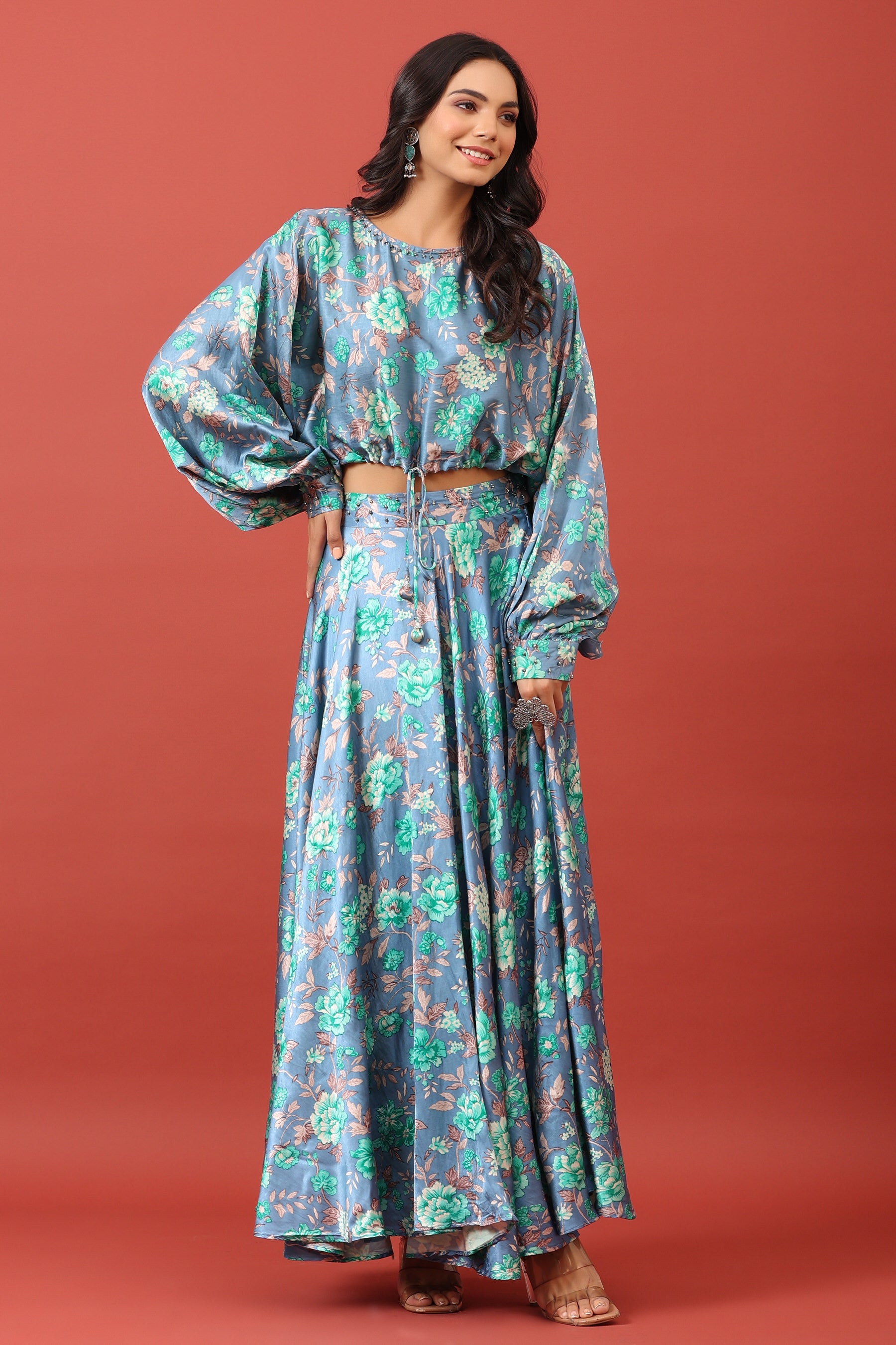 Valley of Flowers on Blue Pure Satin Russian Silk Co-ord Set