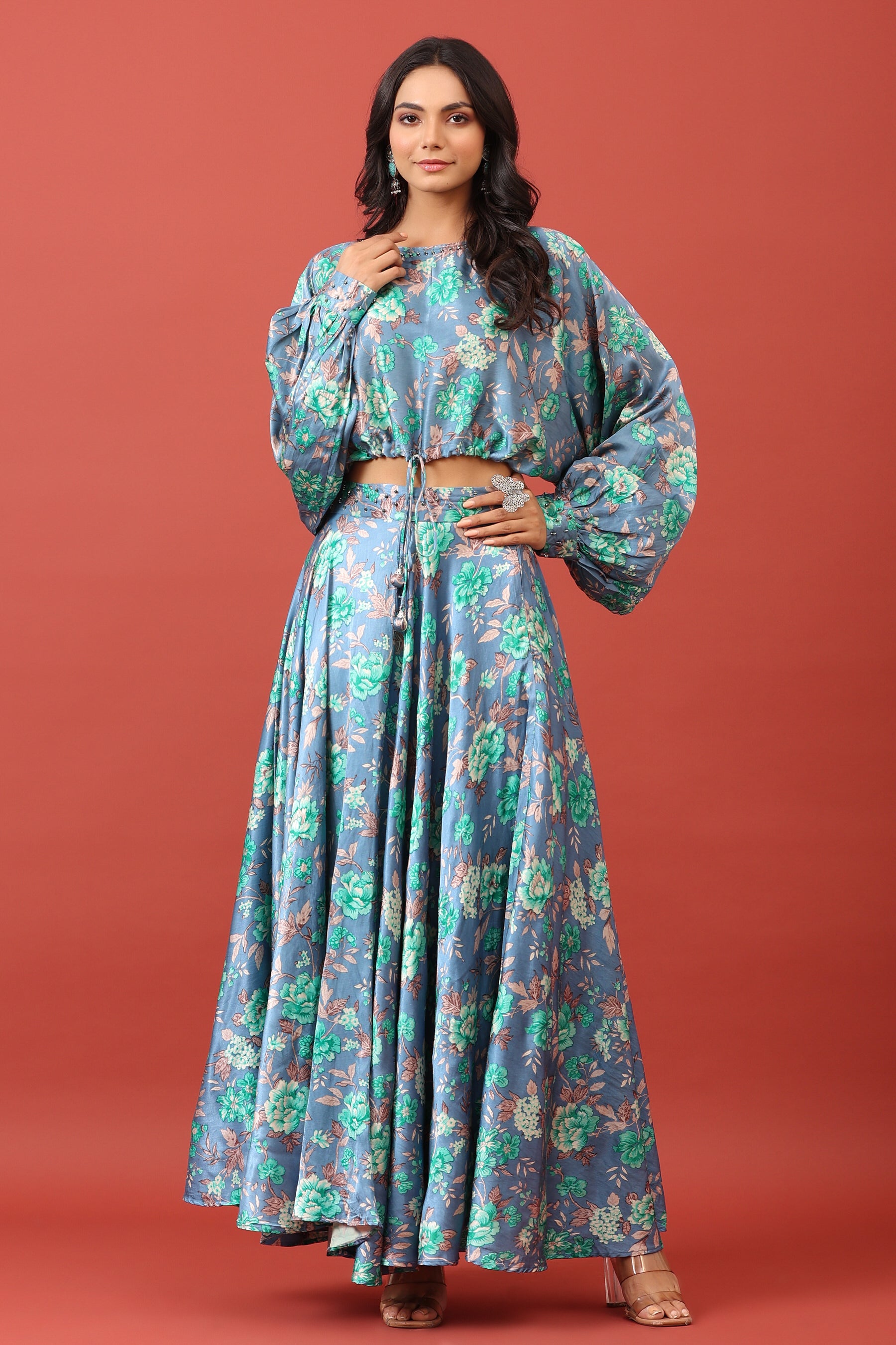 Valley of Flowers on Blue Pure Satin Russian Silk Co-ord Set
