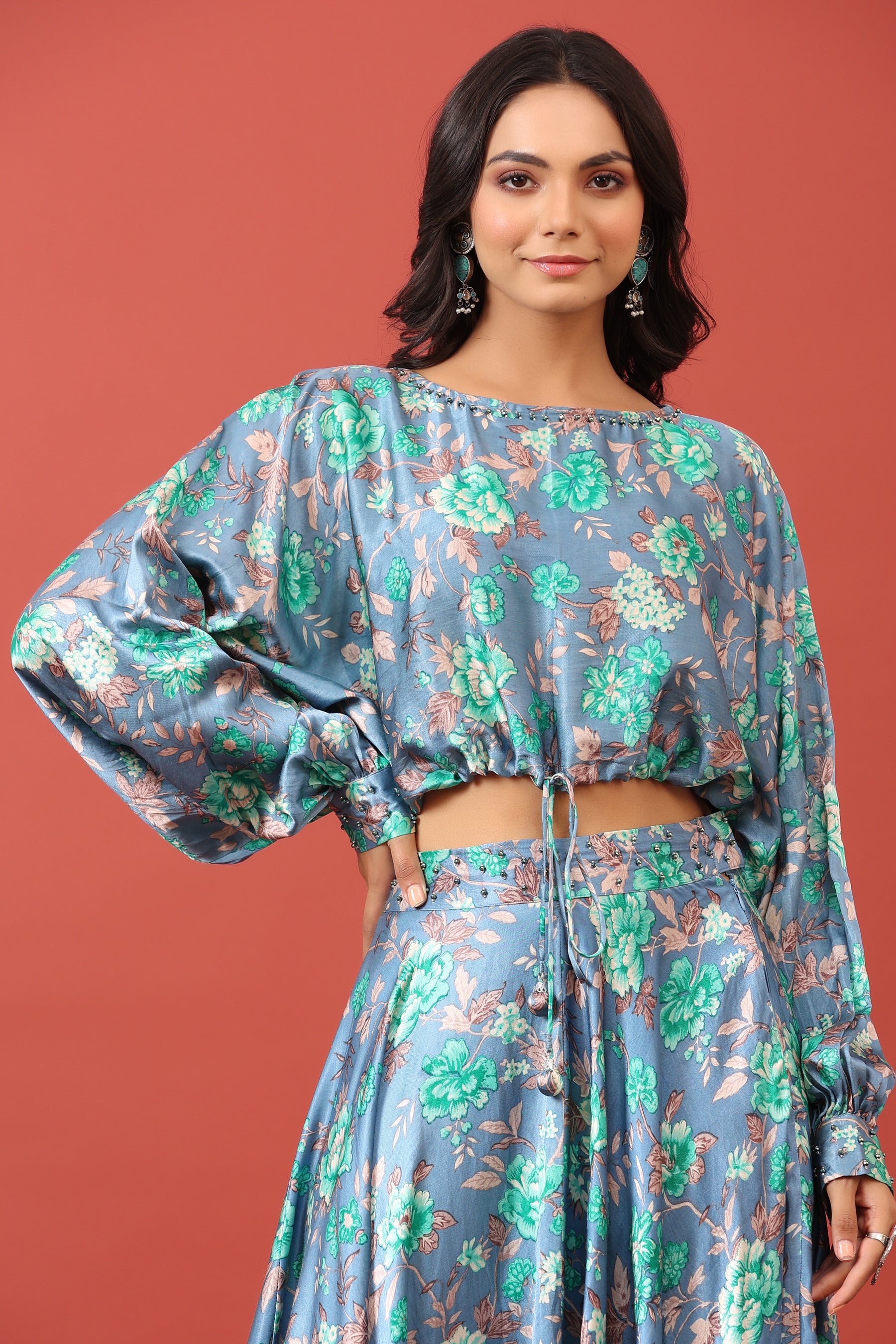 Valley of Flowers on Blue Pure Satin Russian Silk Co-ord Set