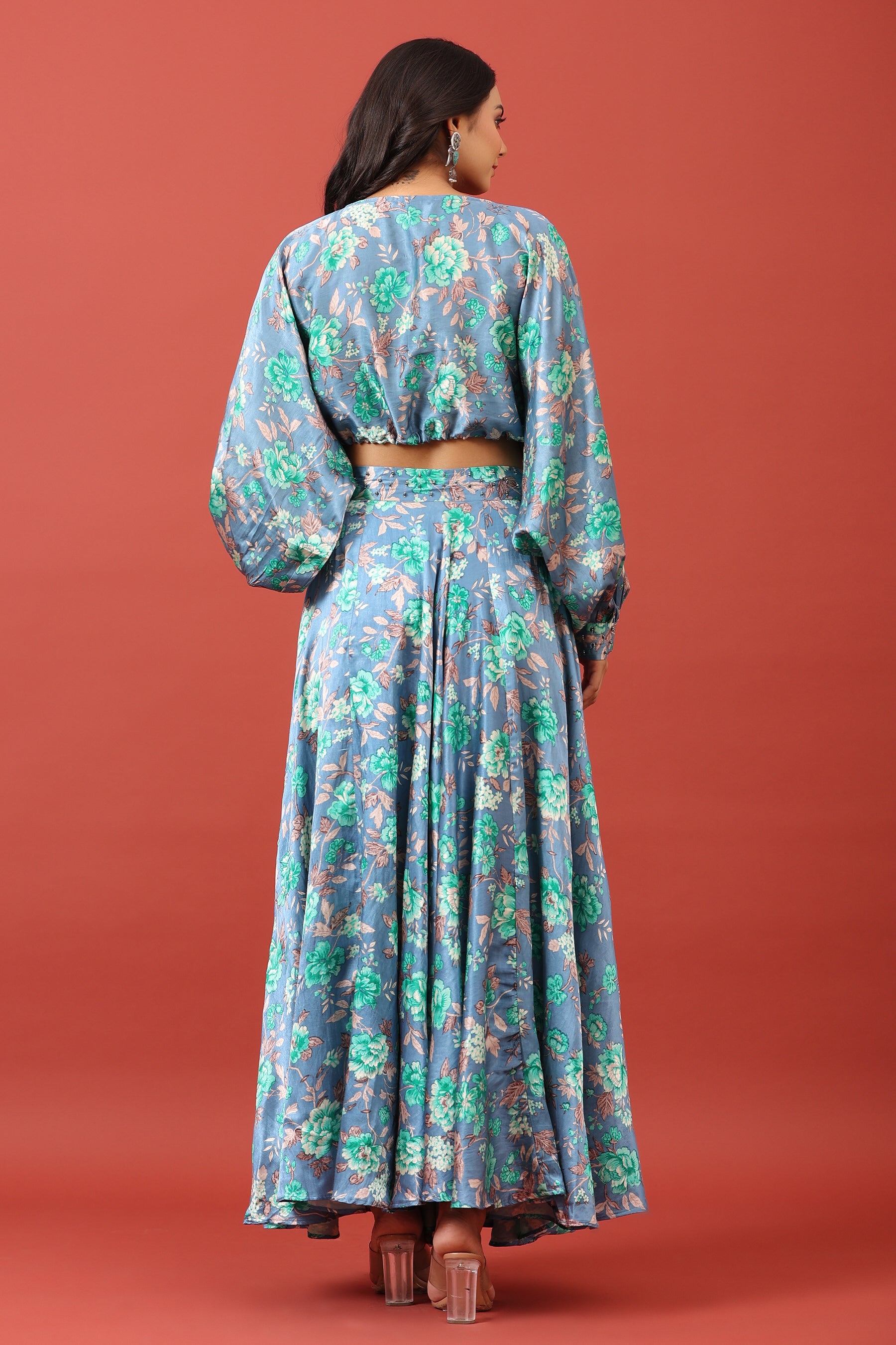 Valley of Flowers on Blue Pure Satin Russian Silk Co-ord Set