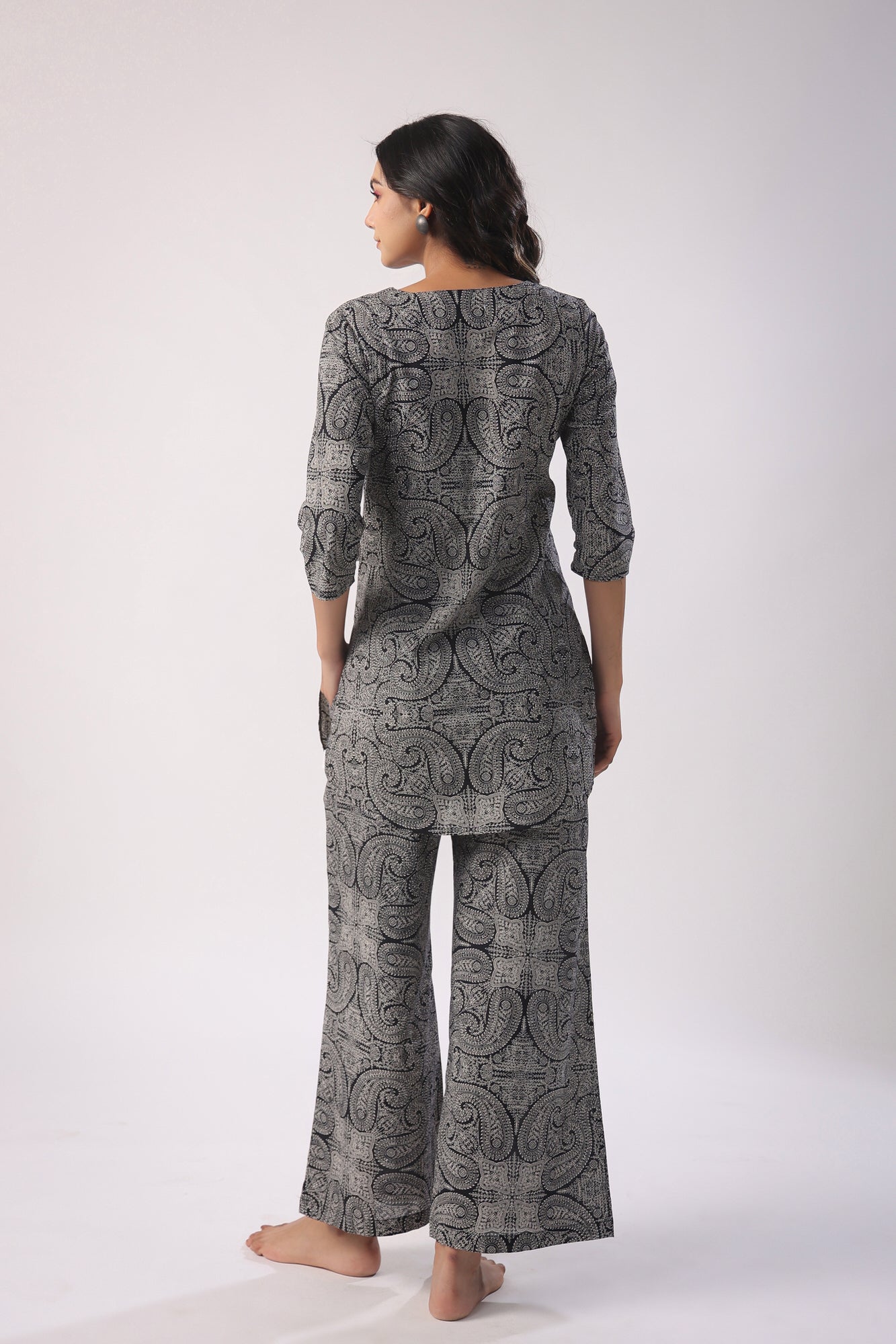 Paisley Print on Black Cotton Palazzo Loungewear Set