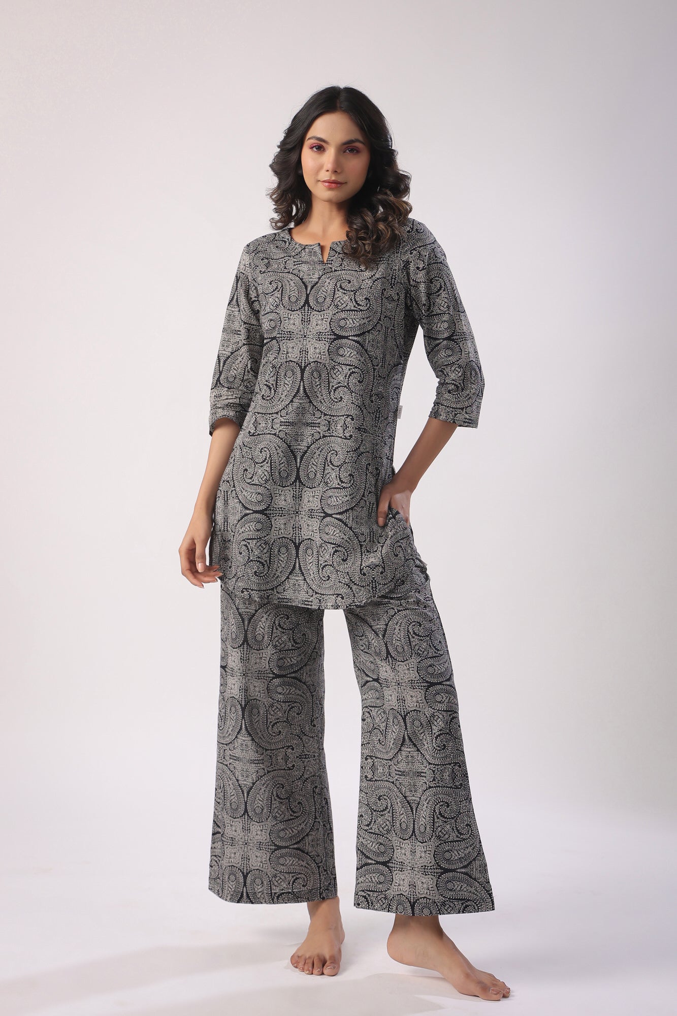 Paisley Print on Black Cotton Palazzo Loungewear Set