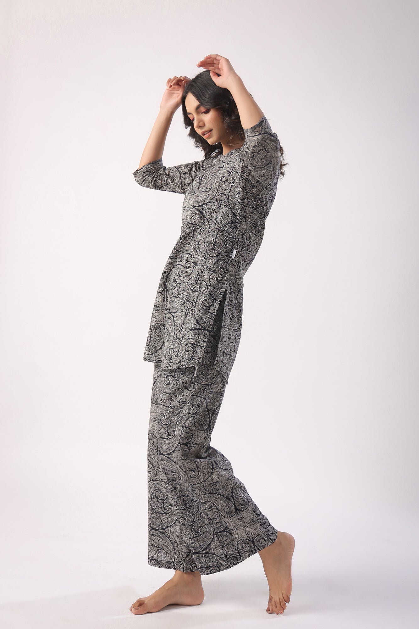 Paisley Print on Black Cotton Palazzo Loungewear Set
