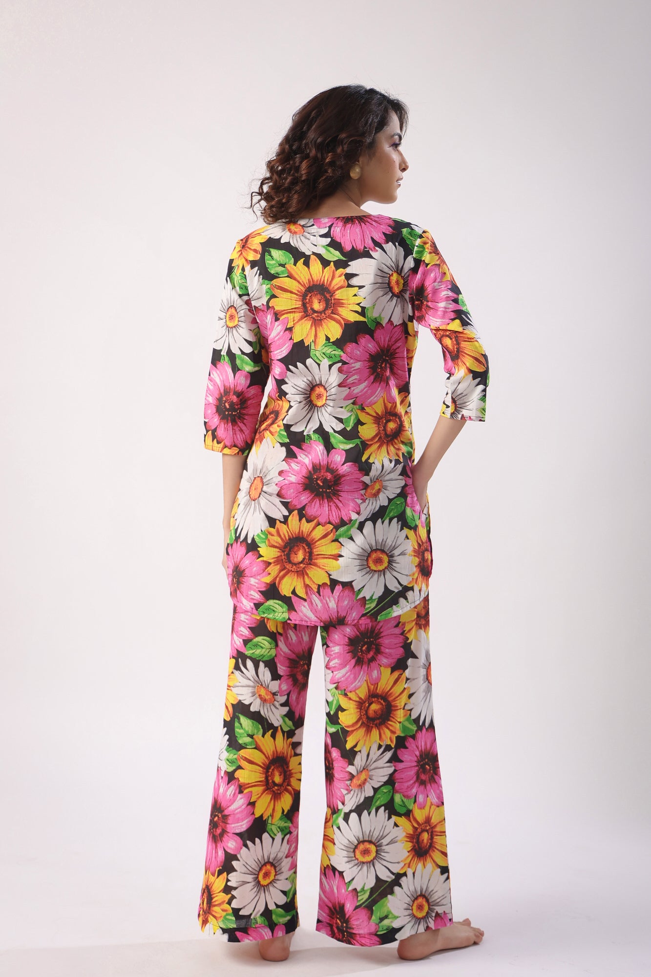 Sun Flower Print On Black Cotton Palazzo Loungewear Set