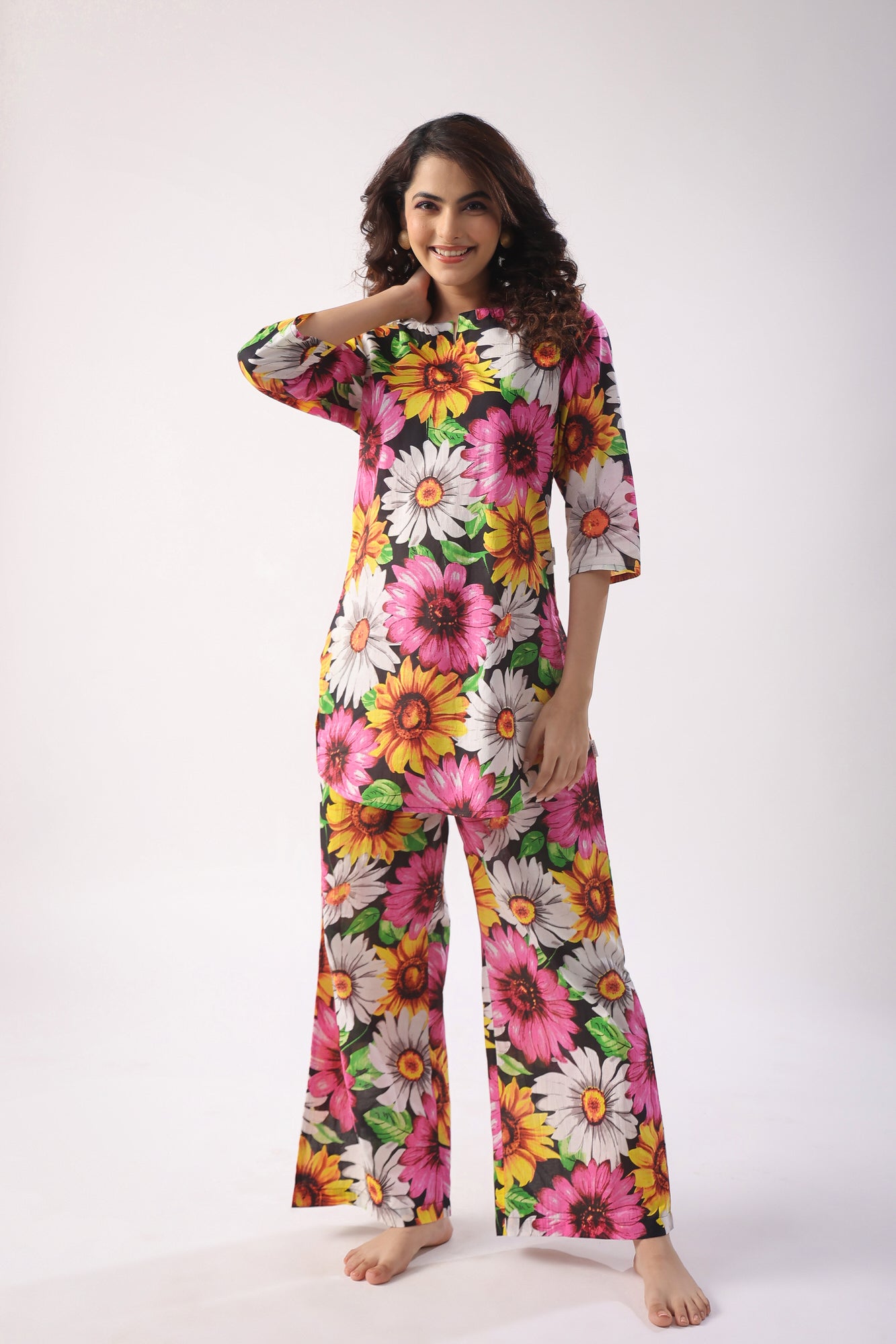 Sun Flower Print On Black Cotton Palazzo Loungewear Set