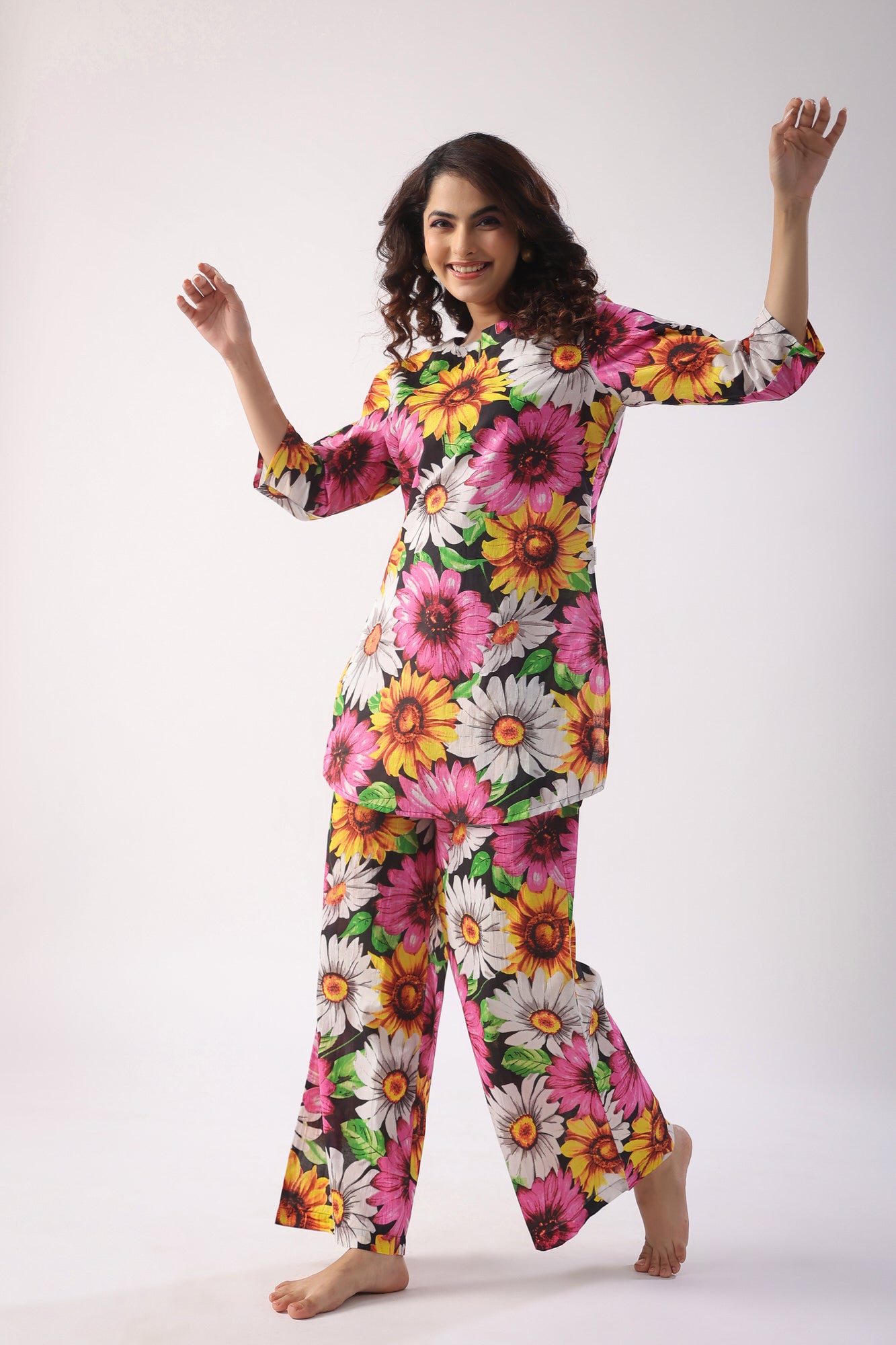 Sun Flower Print On Black Cotton Palazzo Loungewear Set