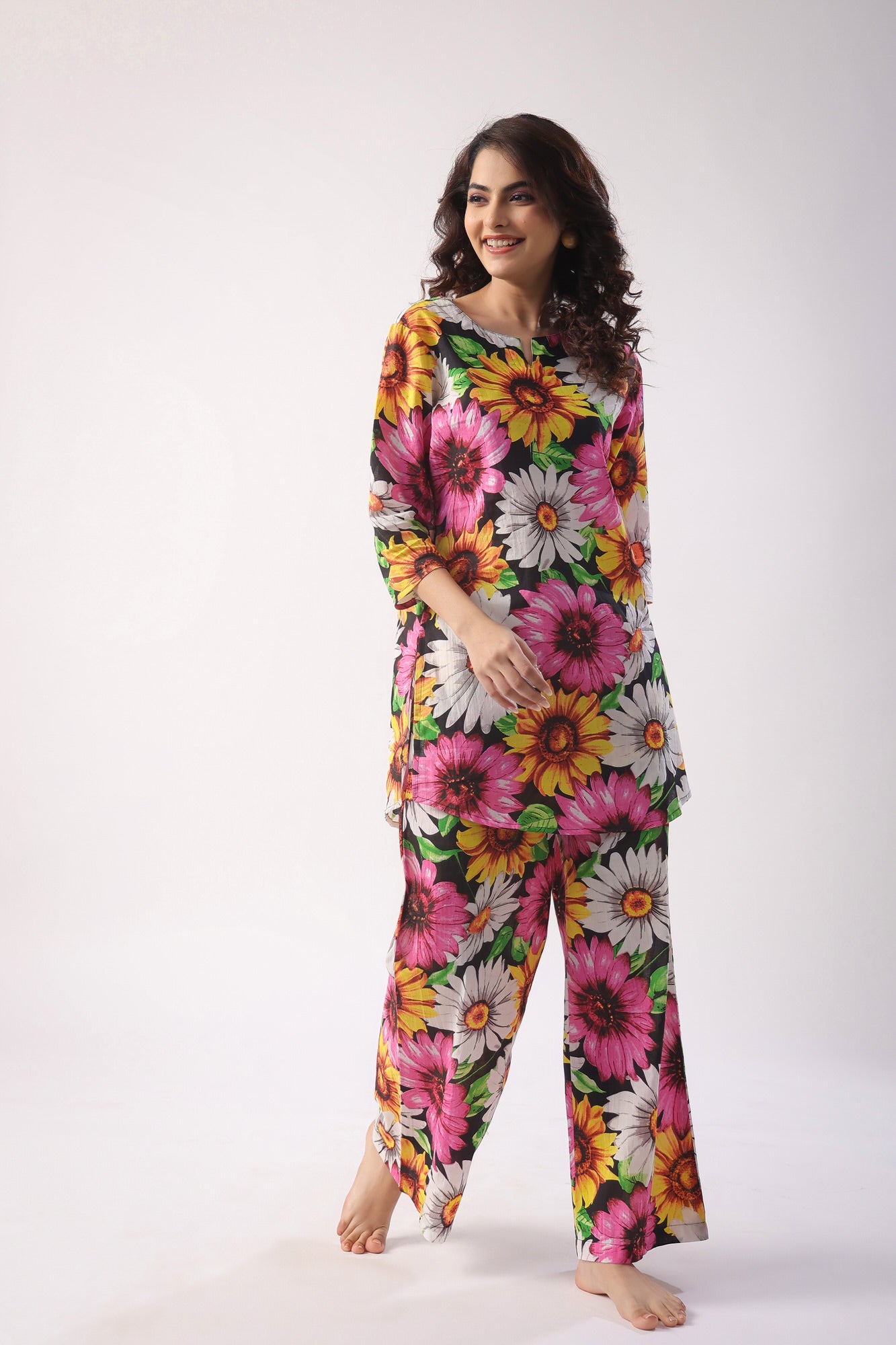Sun Flower Print On Black Cotton Palazzo Loungewear Set