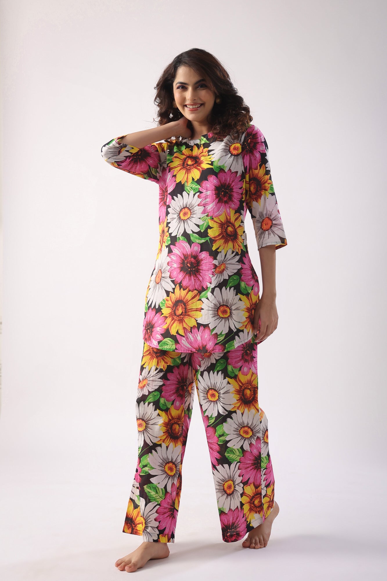 Sun Flower Print On Black Cotton Palazzo Loungewear Set