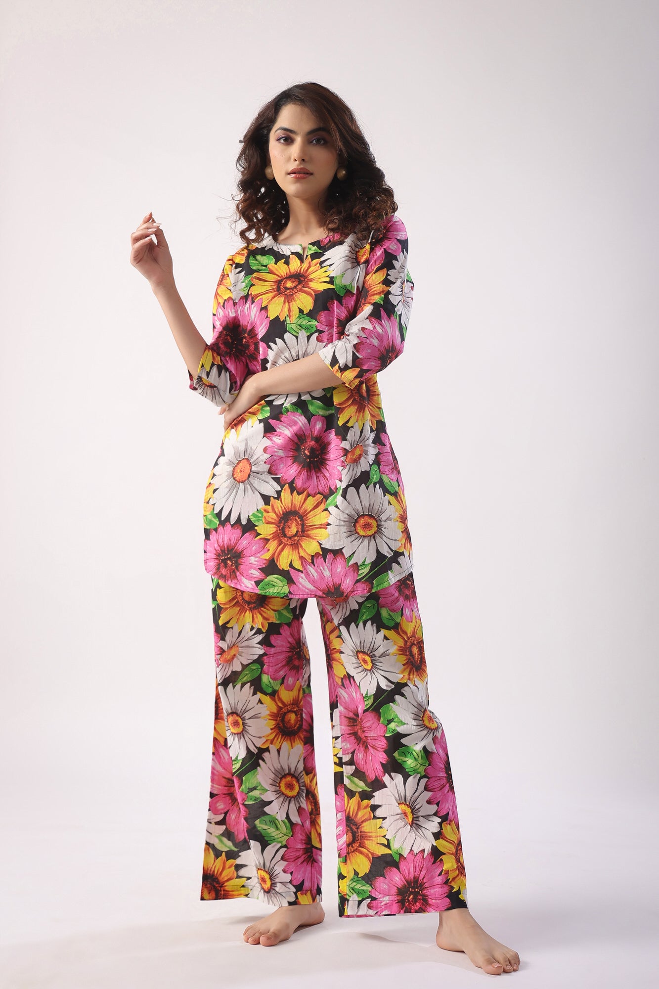 Sun Flower Print On Black Cotton Palazzo Loungewear Set