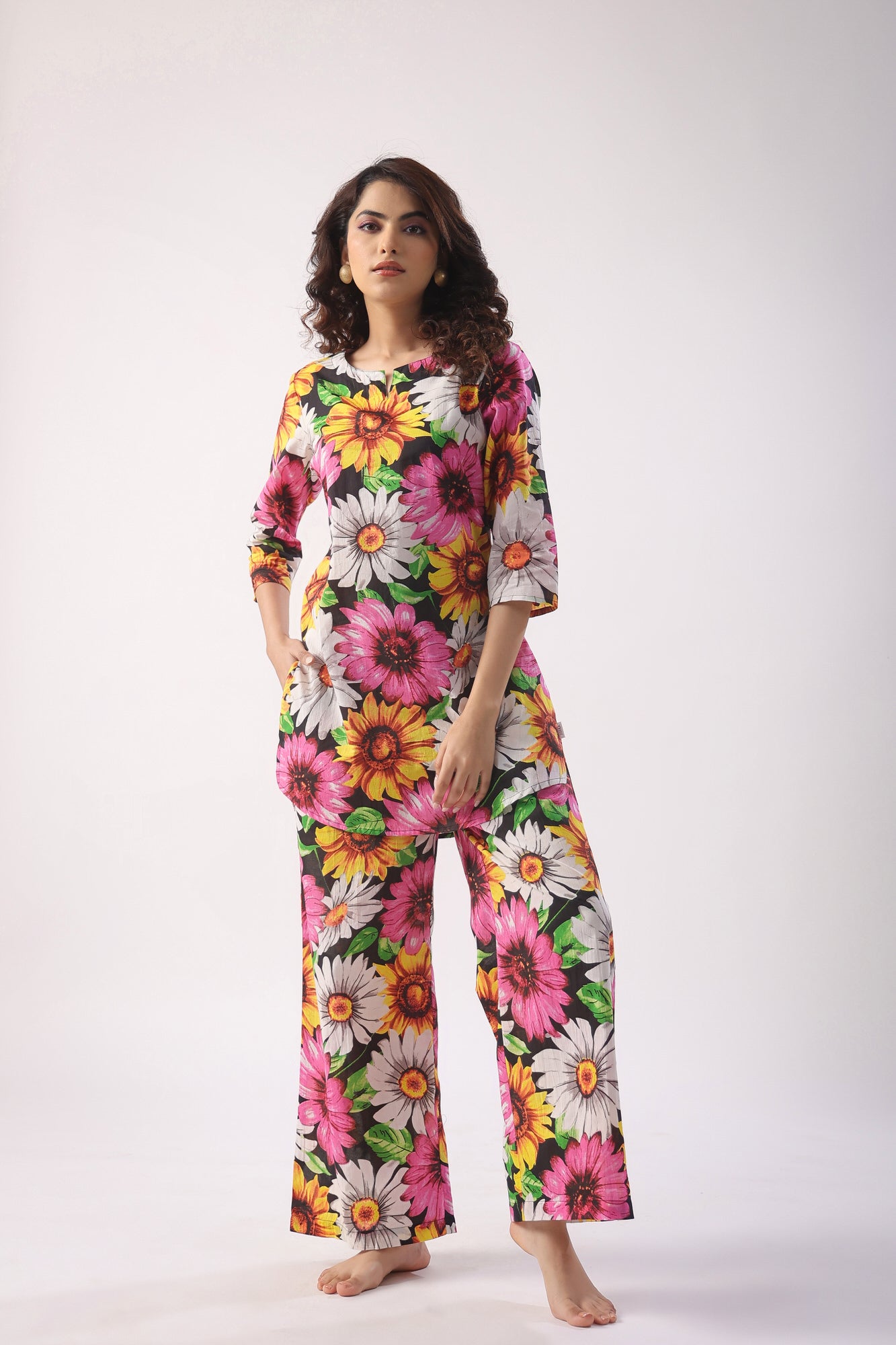 Sun Flower Print On Black Cotton Palazzo Loungewear Set