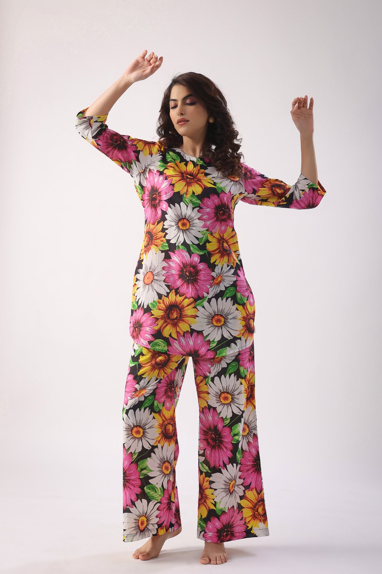Sun Flower Print On Black Cotton Palazzo Loungewear Set
