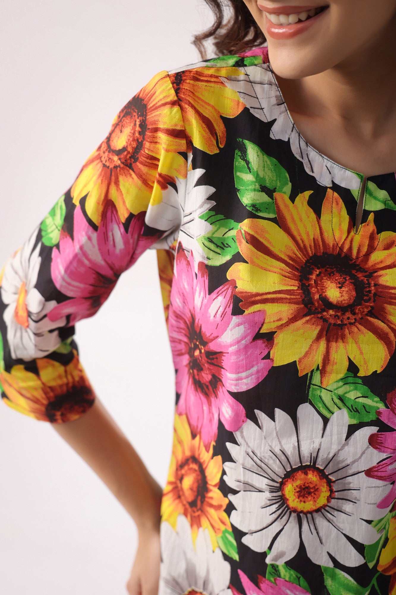 Sun Flower Print On Black Cotton Palazzo Loungewear Set