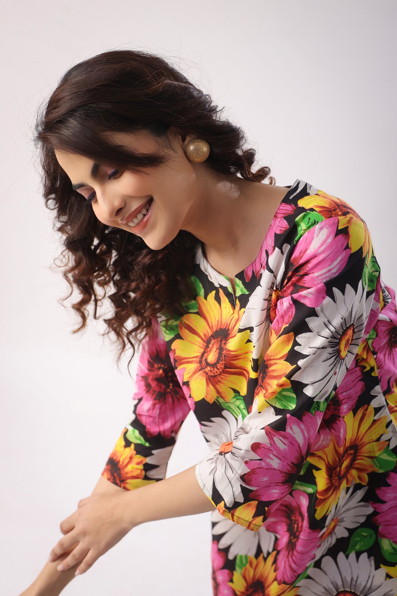 Sun Flower Print On Black Cotton Palazzo Loungewear Set
