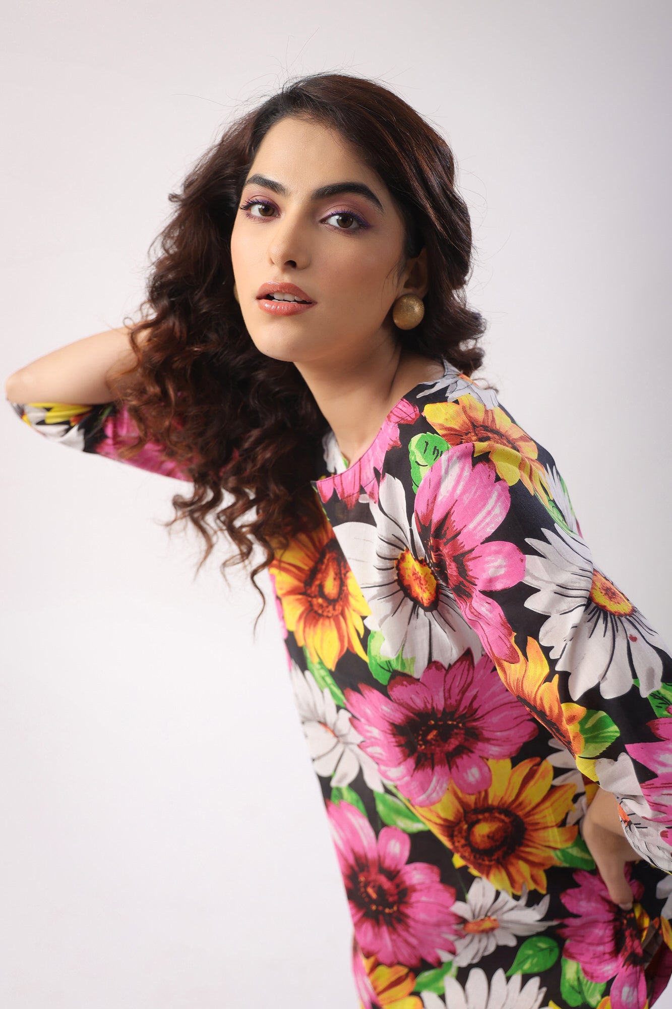 Sun Flower Print On Black Cotton Palazzo Loungewear Set