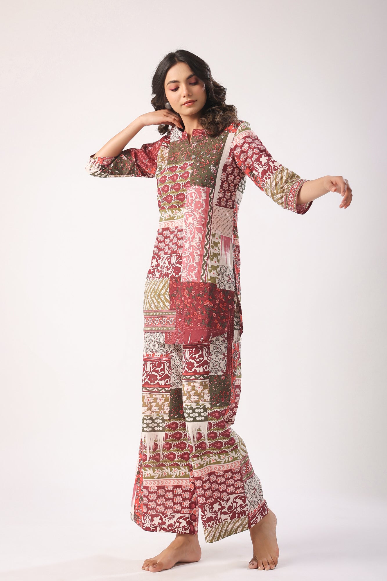Patch Print on Wine Palazzo Cotton Loungewear Set