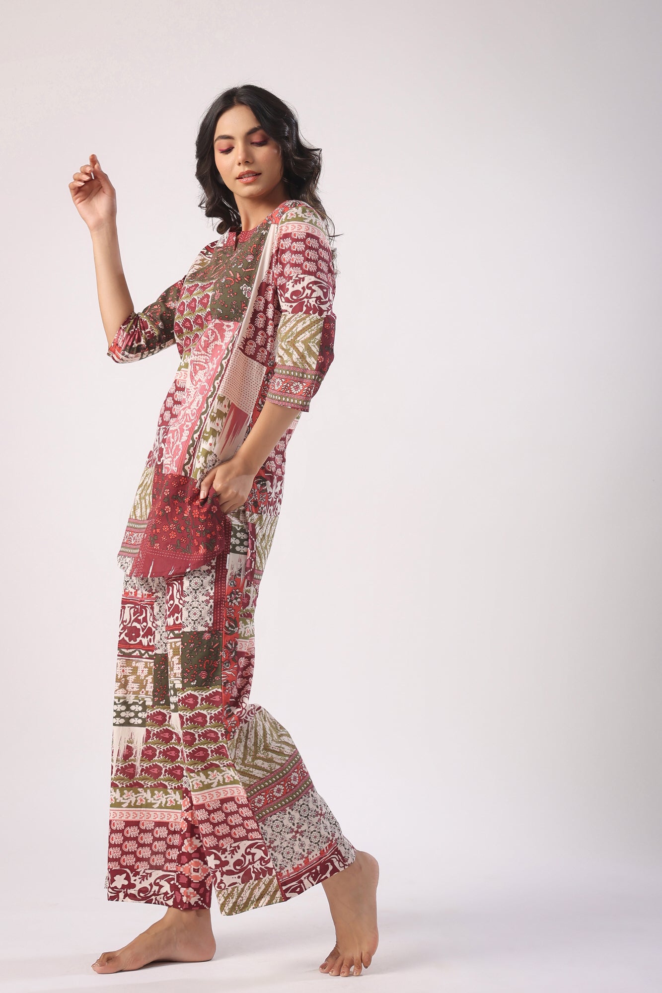 Patch Print on Wine Palazzo Cotton Loungewear Set