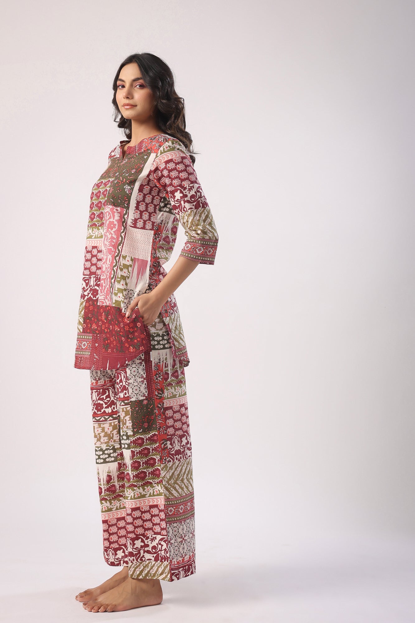Patch Print on Wine Palazzo Cotton Loungewear Set