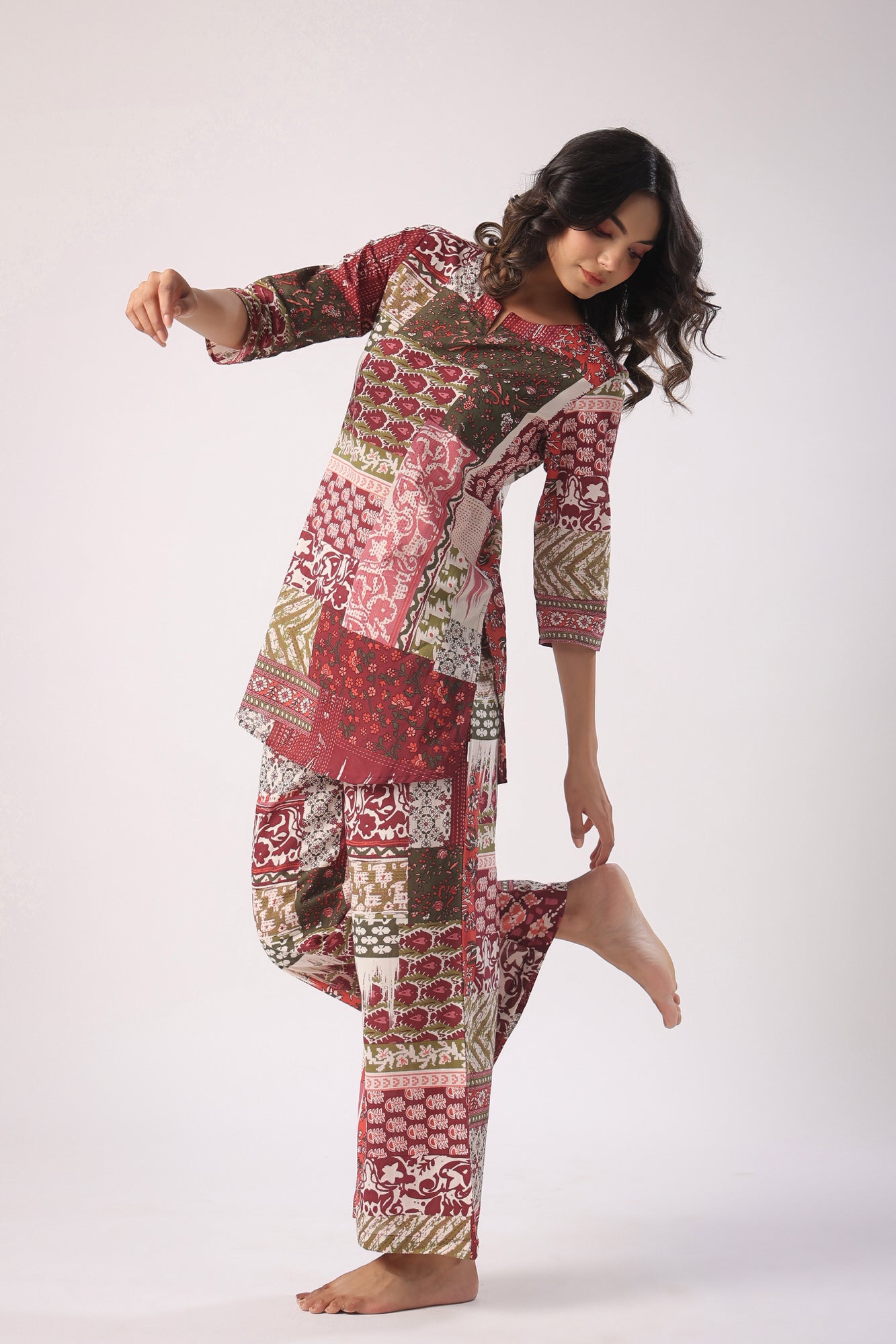 Patch Print on Wine Palazzo Cotton Loungewear Set