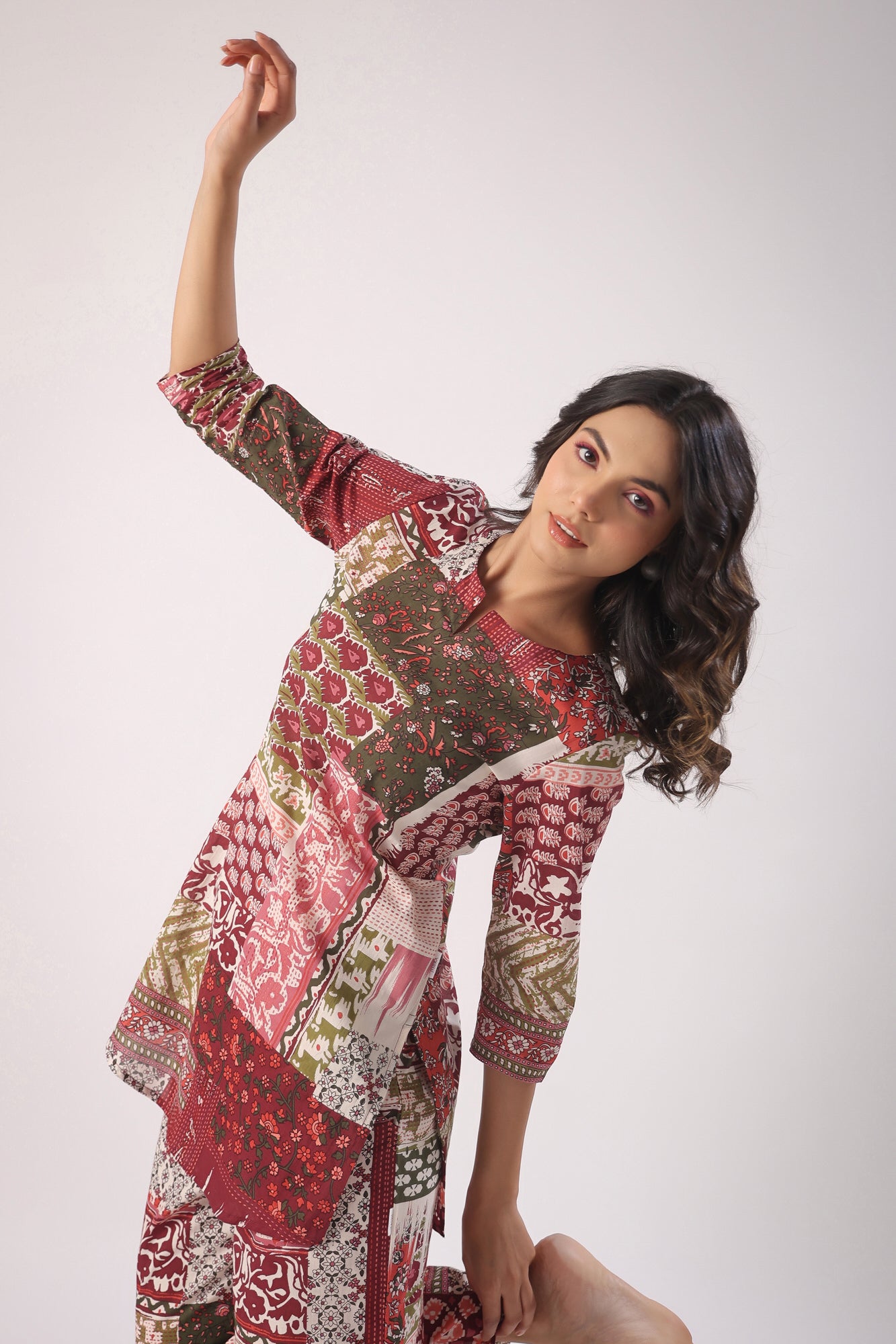 Patch Print on Wine Palazzo Cotton Loungewear Set