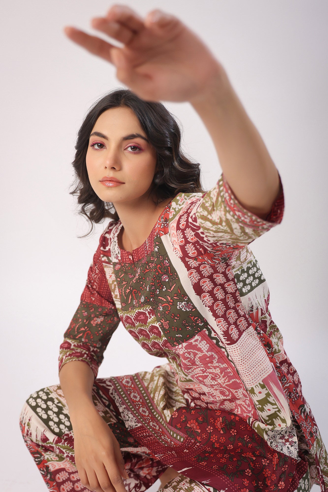 Patch Print on Wine Palazzo Cotton Loungewear Set