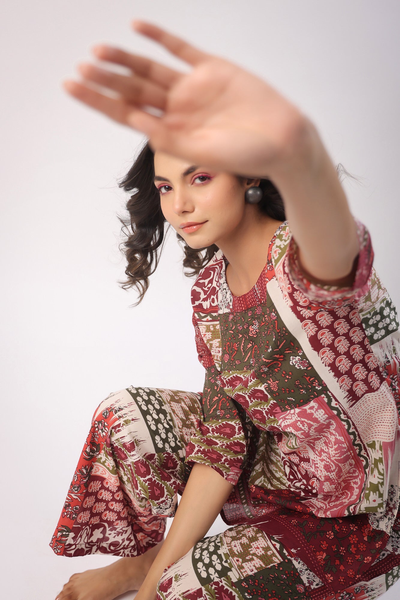 Patch Print on Wine Palazzo Cotton Loungewear Set