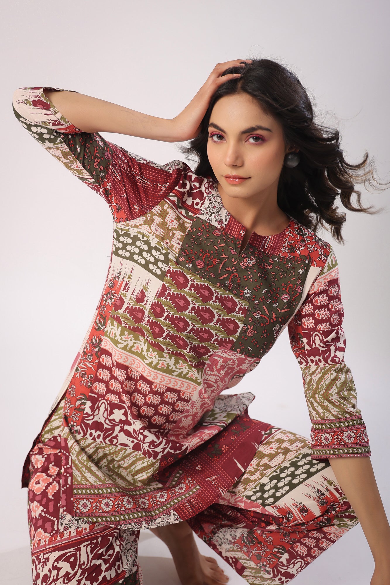 Patch Print on Wine Palazzo Cotton Loungewear Set
