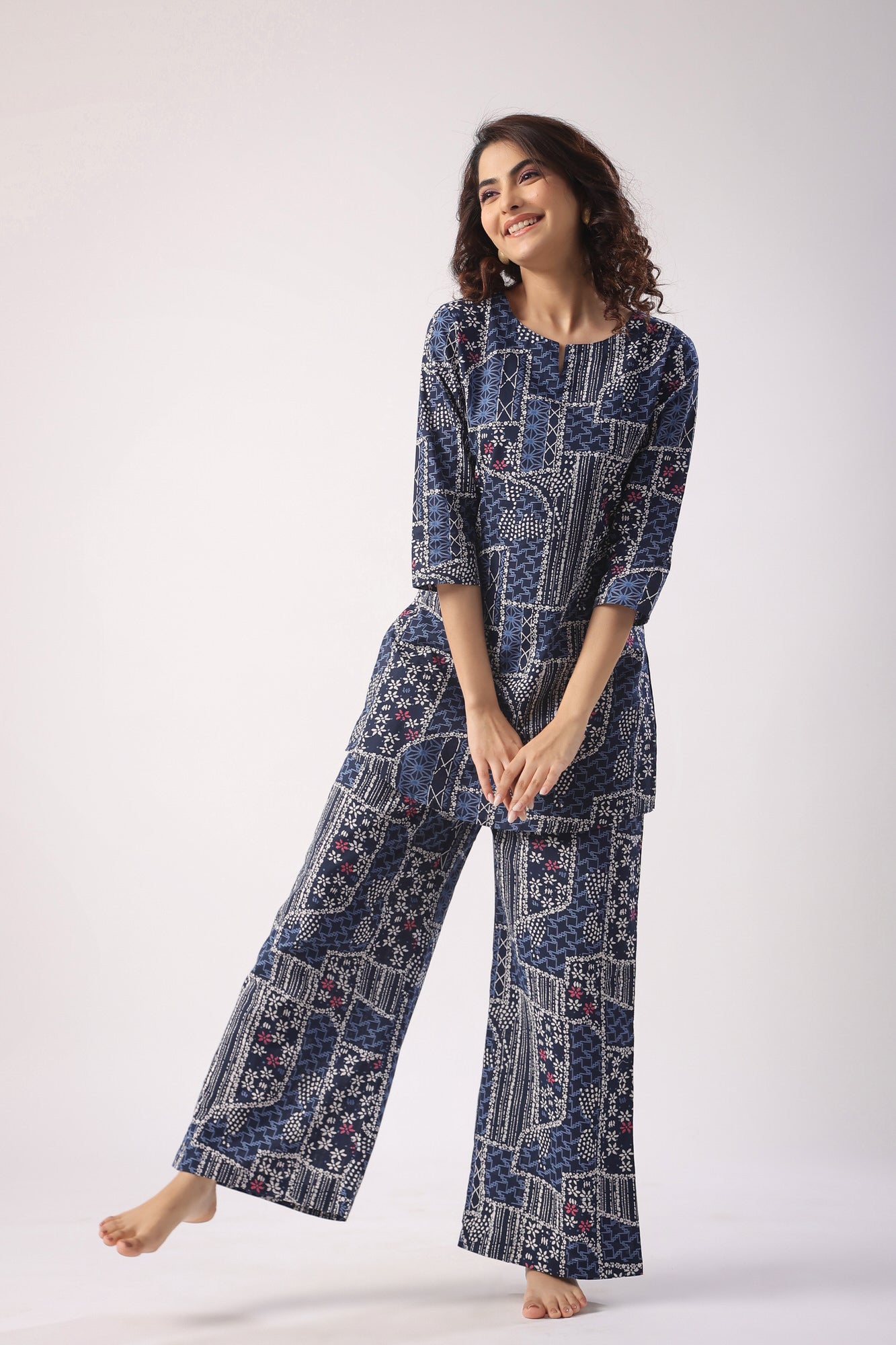 Doodle Art on Blue Cotton Palazzo Loungewear Set