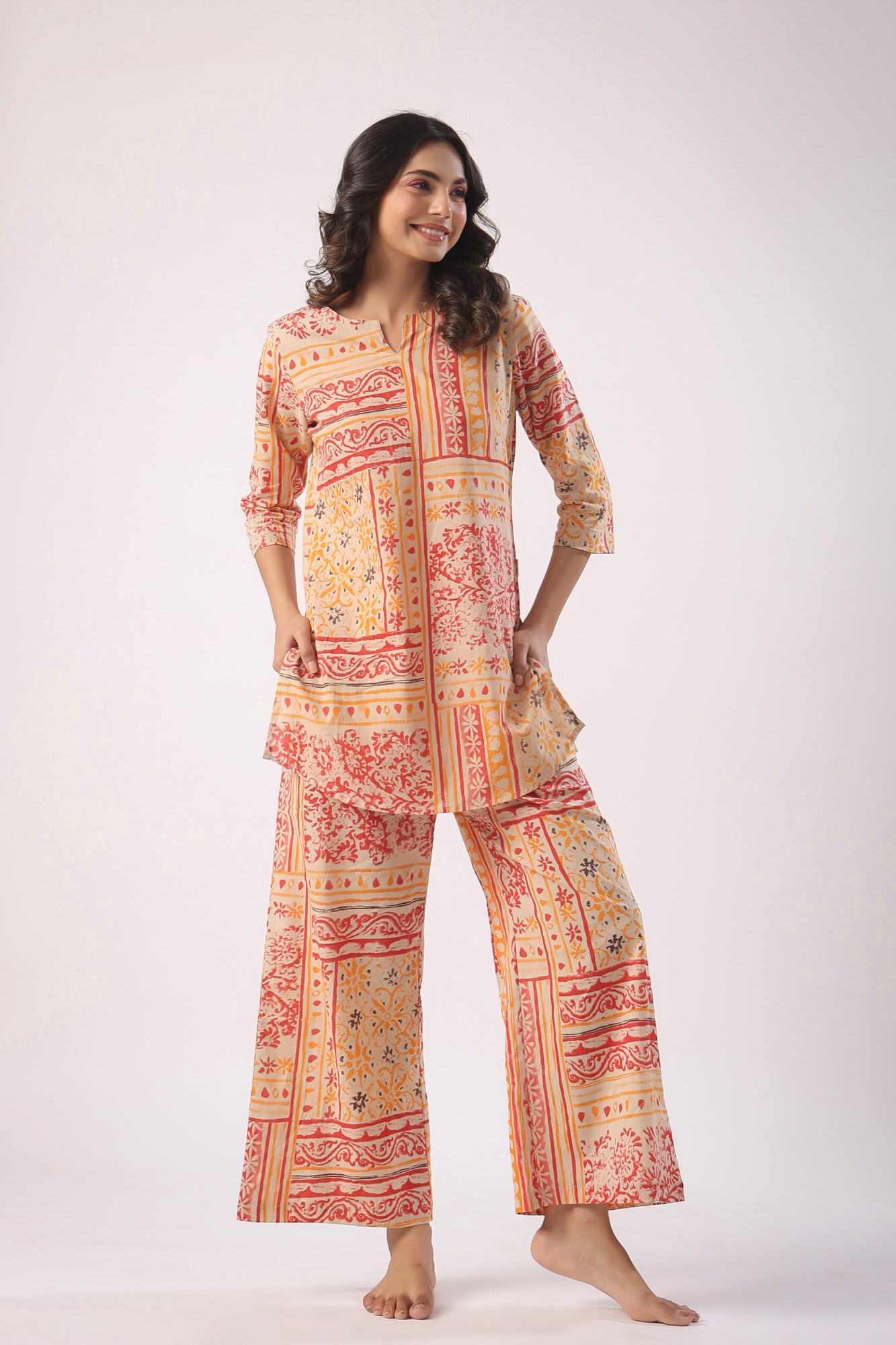 Doodle Patches on Beige Cotton Palazzo Loungewear Set