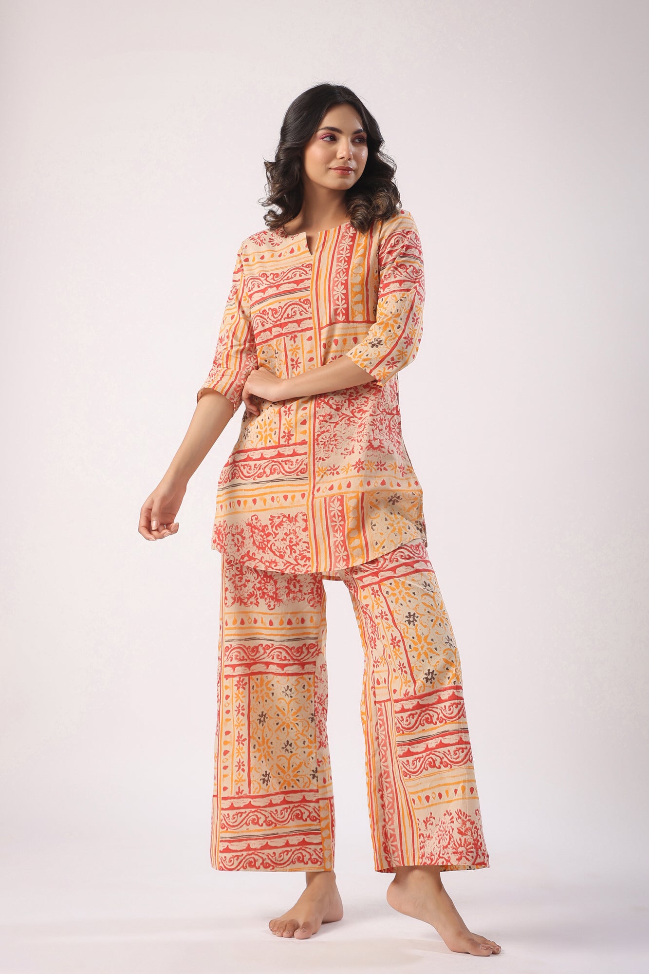Doodle Patches on Beige Cotton Palazzo Loungewear Set