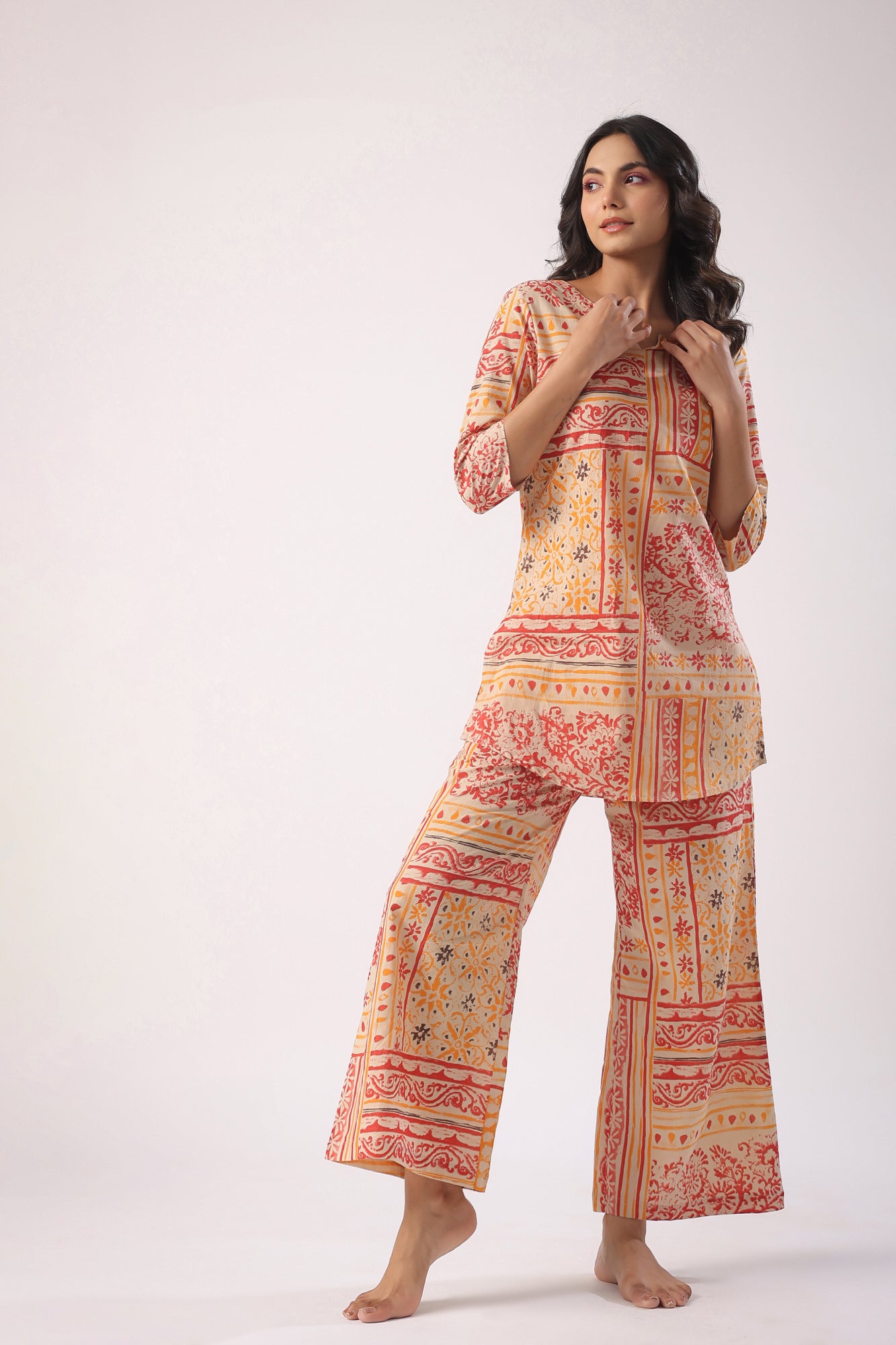 Doodle Patches on Beige Cotton Palazzo Loungewear Set