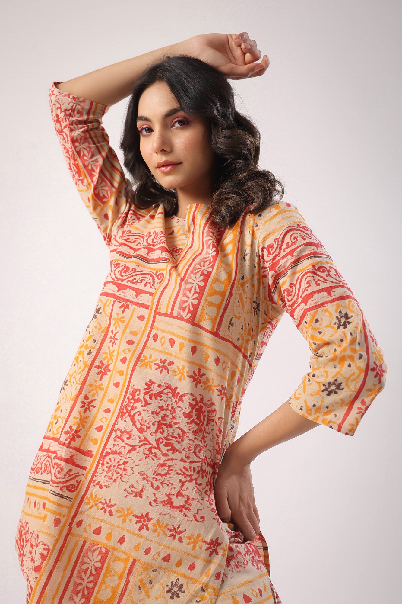 Doodle Patches on Beige Cotton Palazzo Loungewear Set