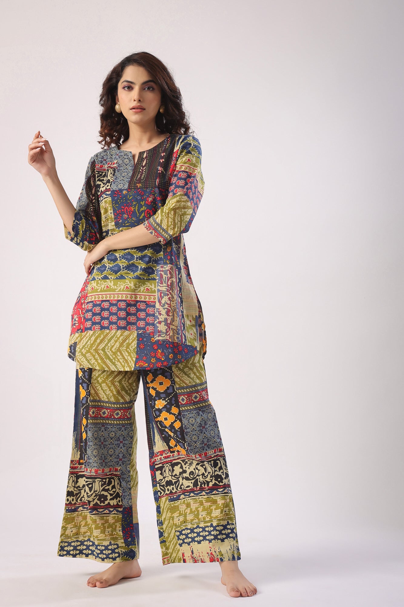 Patch Print on Blue Cotton Palazzo Loungewear Set