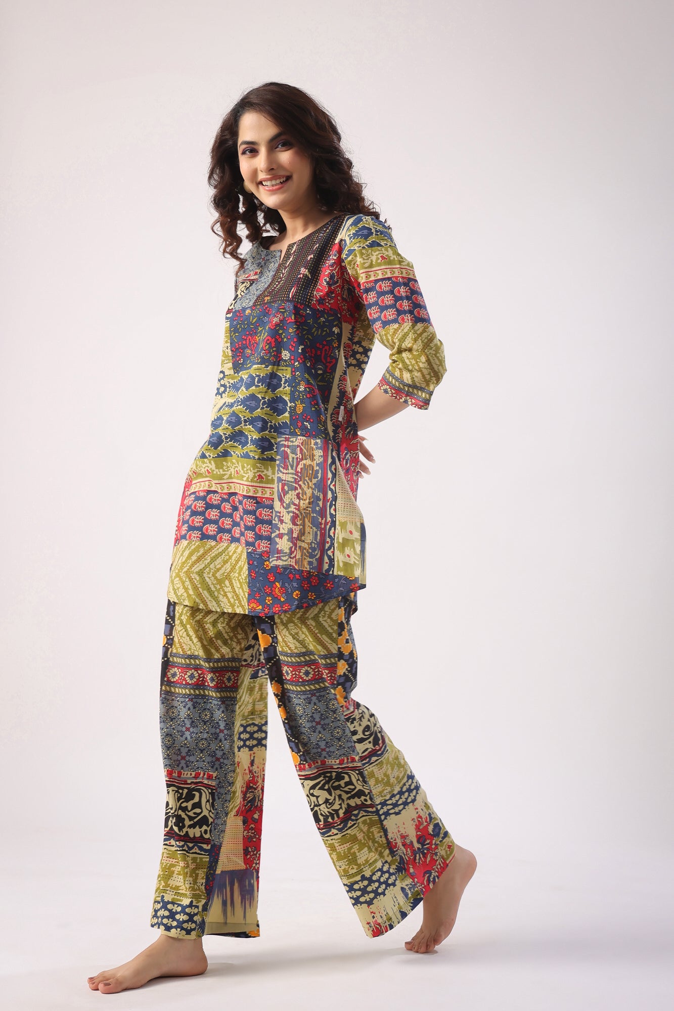 Patch Print on Blue Cotton Palazzo Loungewear Set