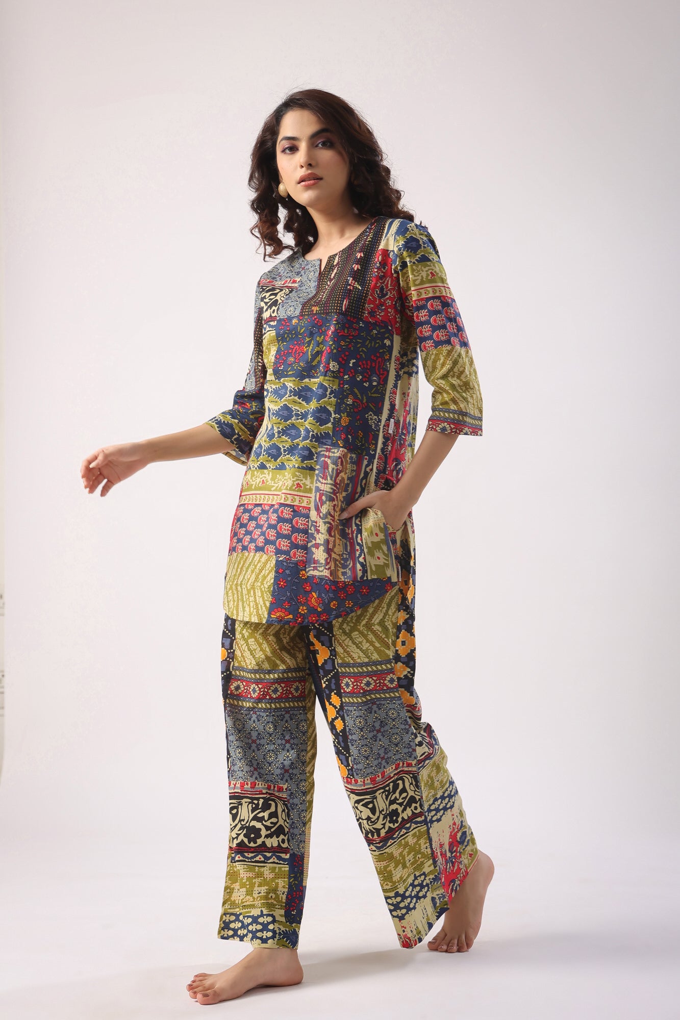 Patch Print on Blue Cotton Palazzo Loungewear Set