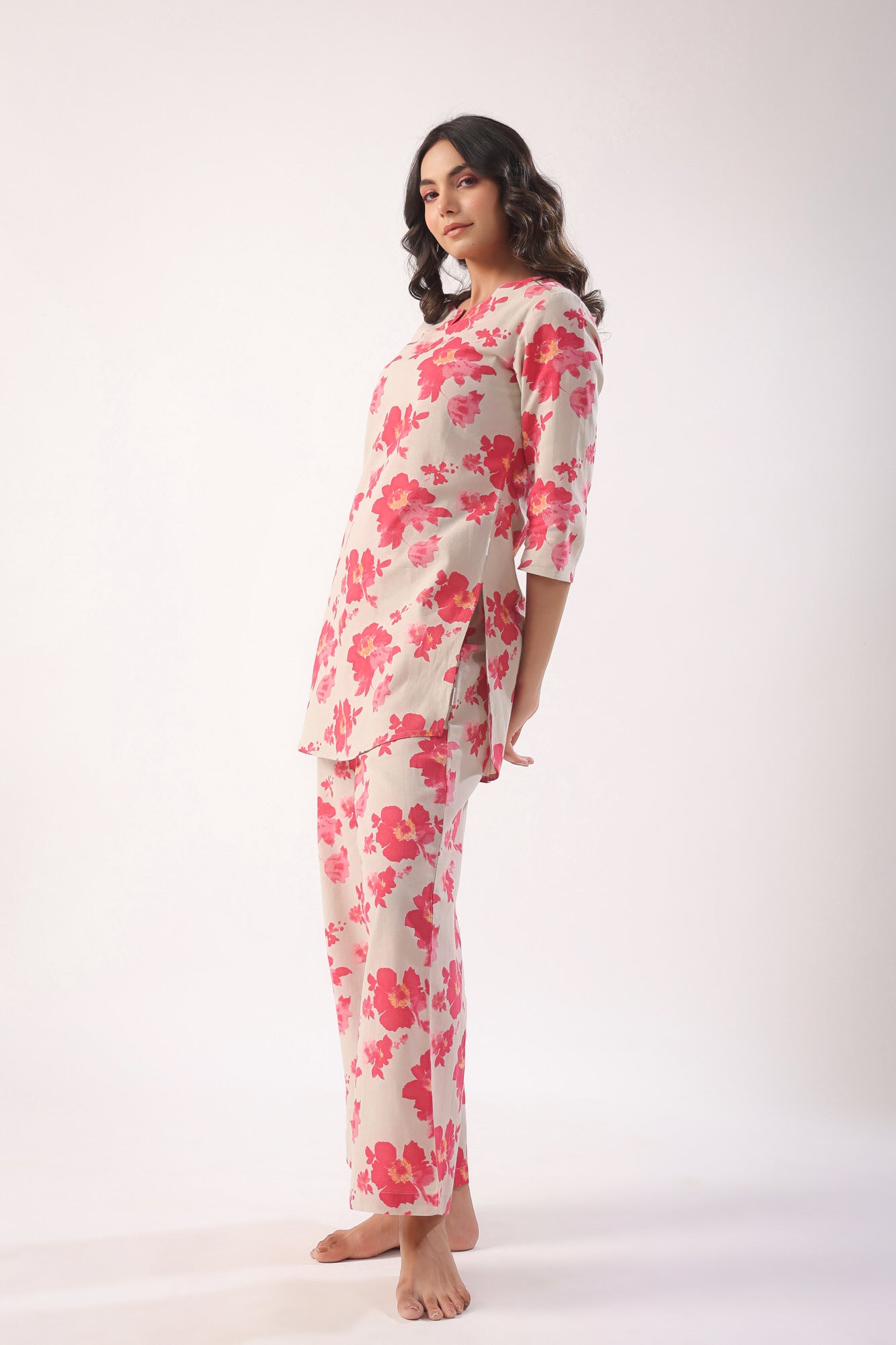 Pink Flowers on Light Green Cotton Palazzo Loungewear Set