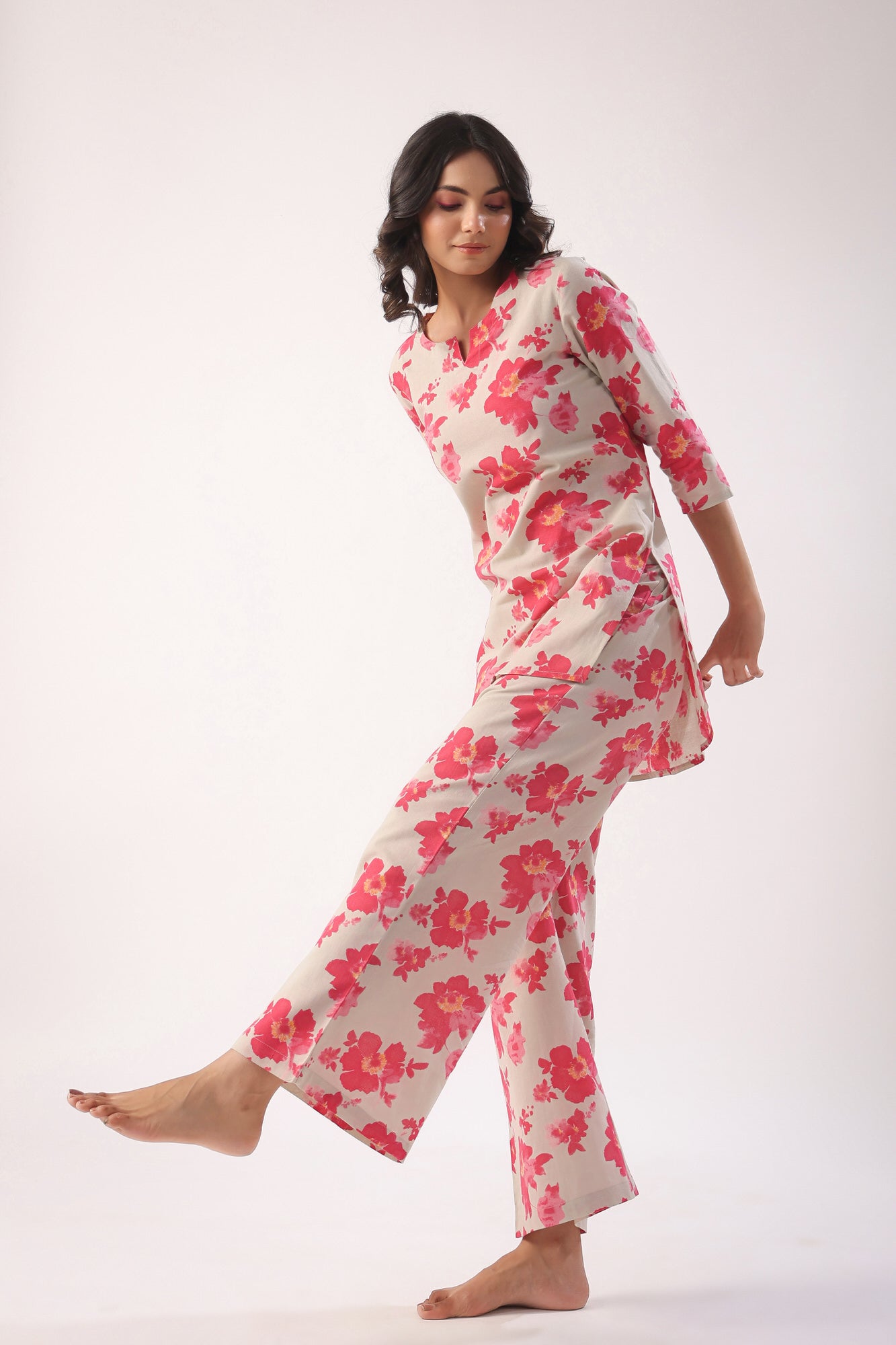 Pink Flowers on Light Green Cotton Palazzo Loungewear Set