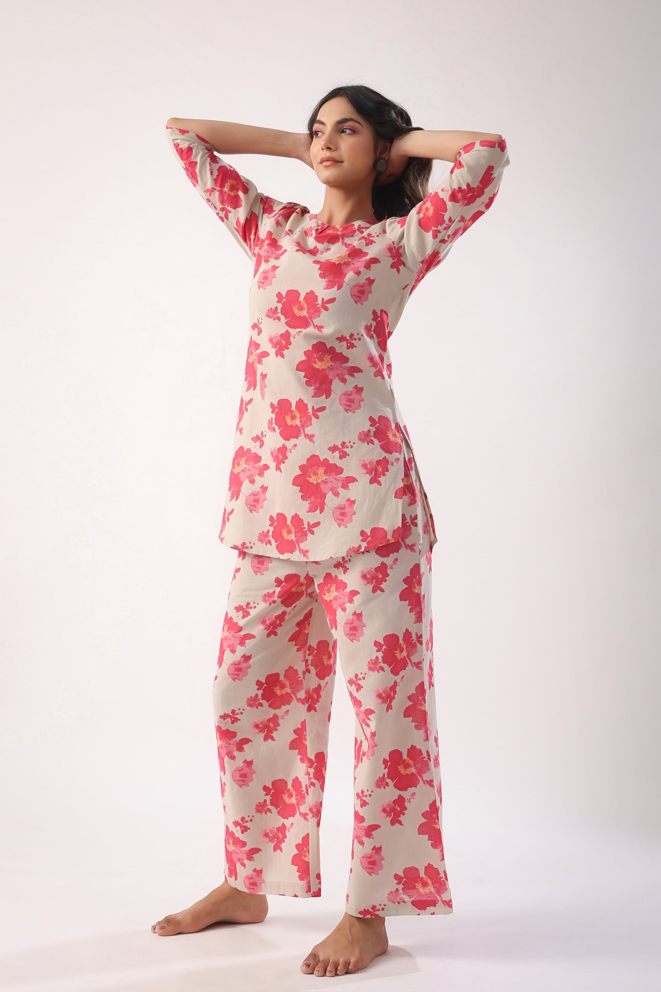 Pink Flowers on Light Green Cotton Palazzo Loungewear Set