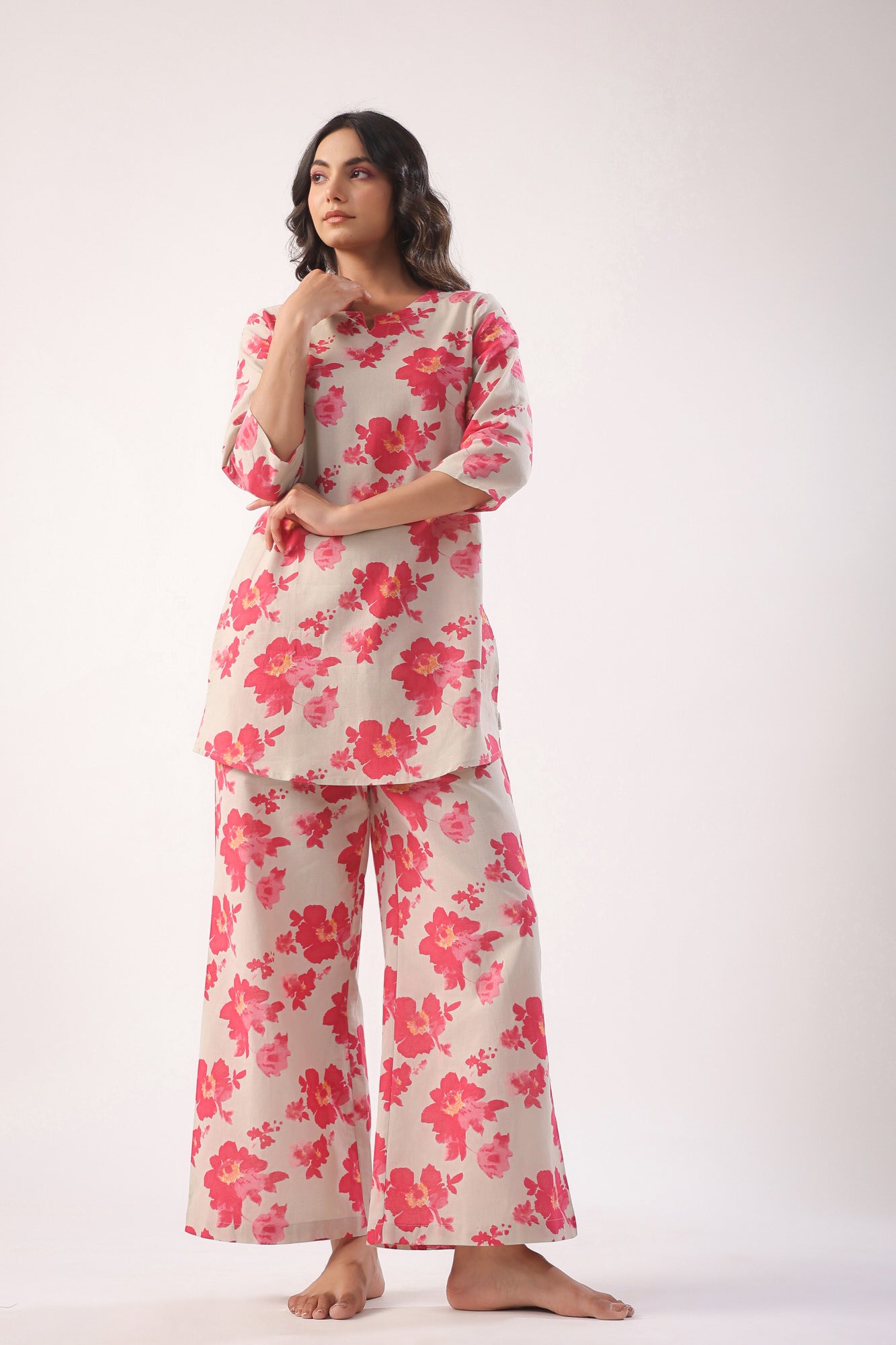 Pink Flowers on Light Green Cotton Palazzo Loungewear Set