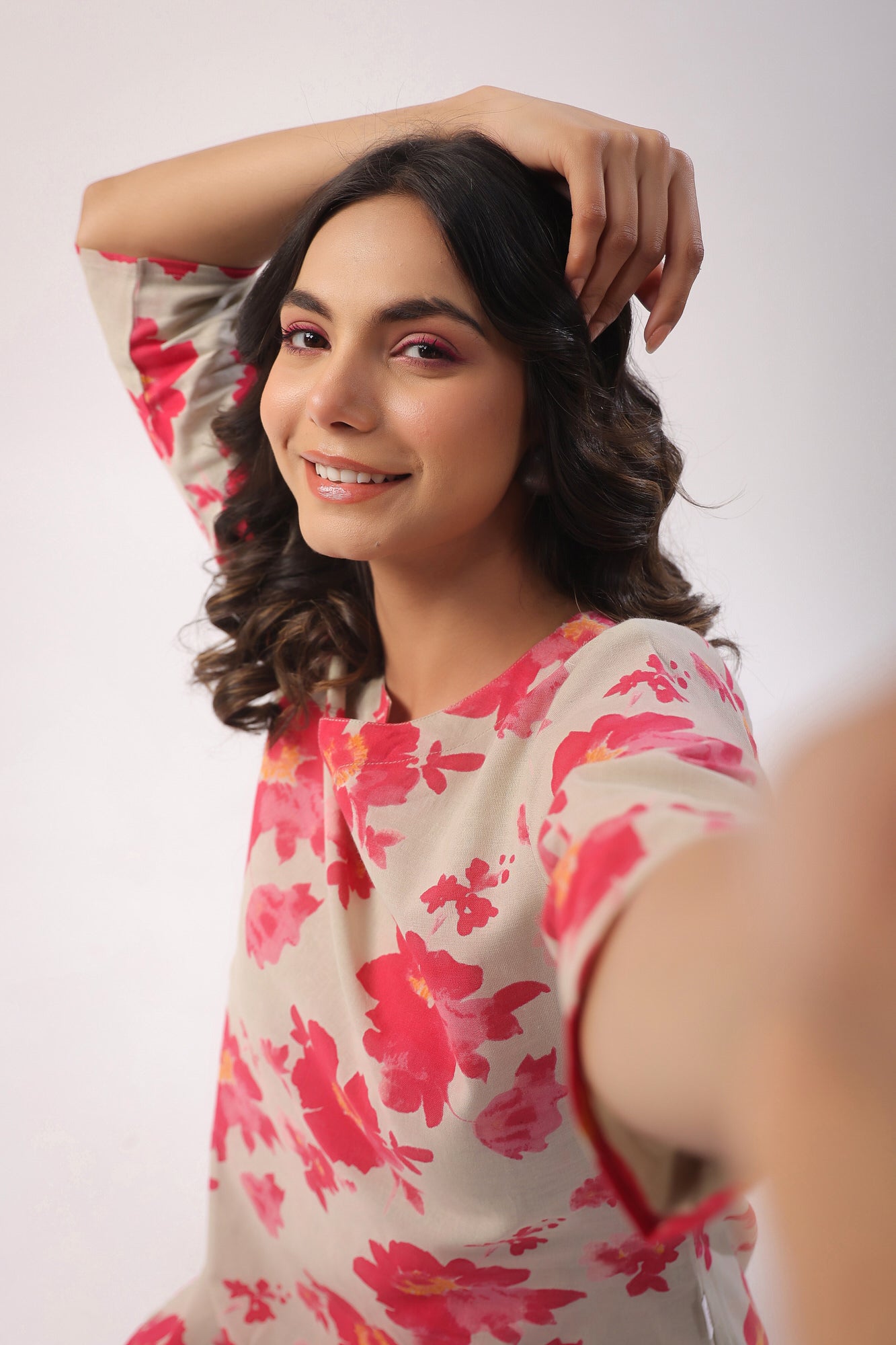 Pink Flowers on Light Green Cotton Palazzo Loungewear Set