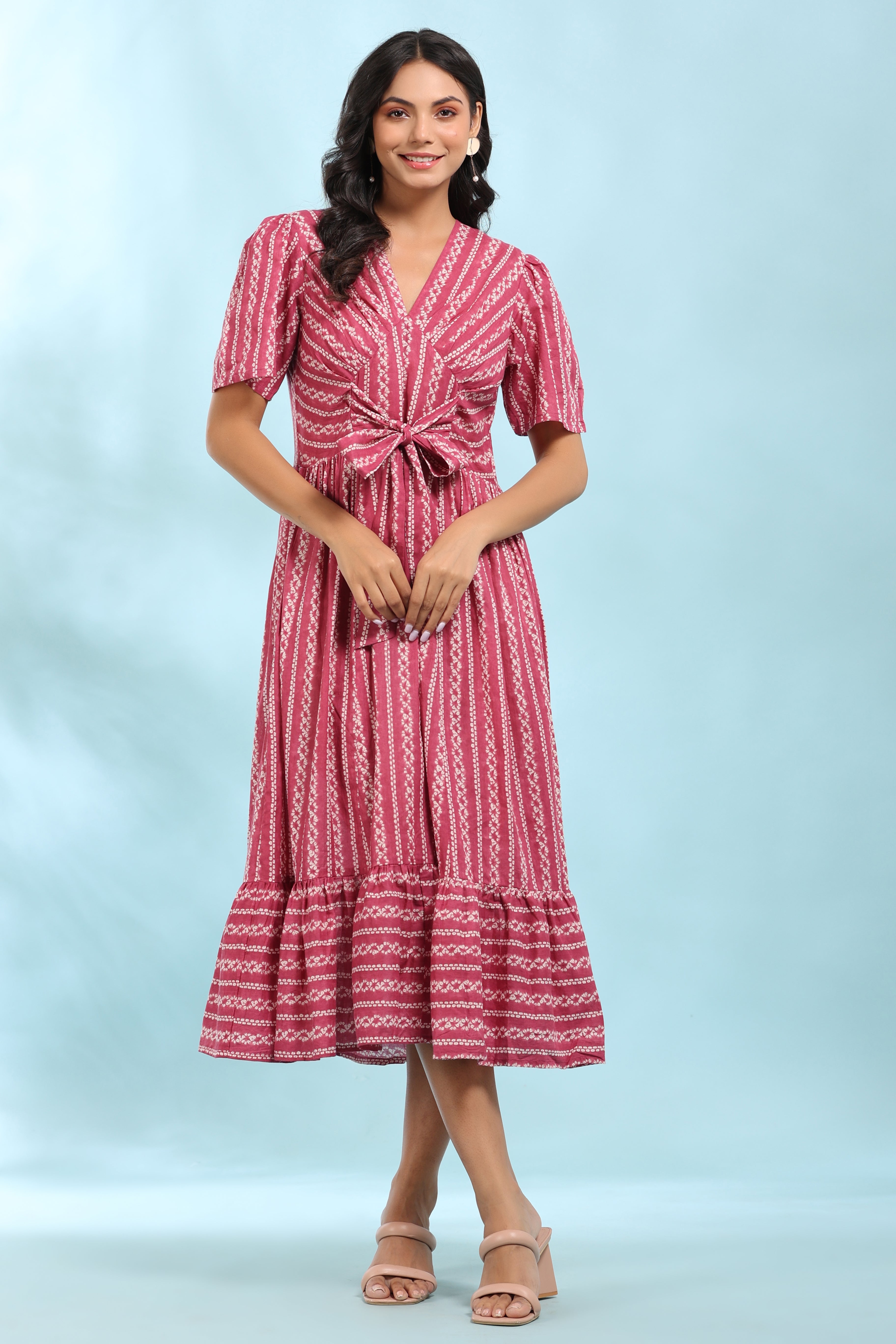 Front Bow Tie on Pink Shibori Cotton Dress