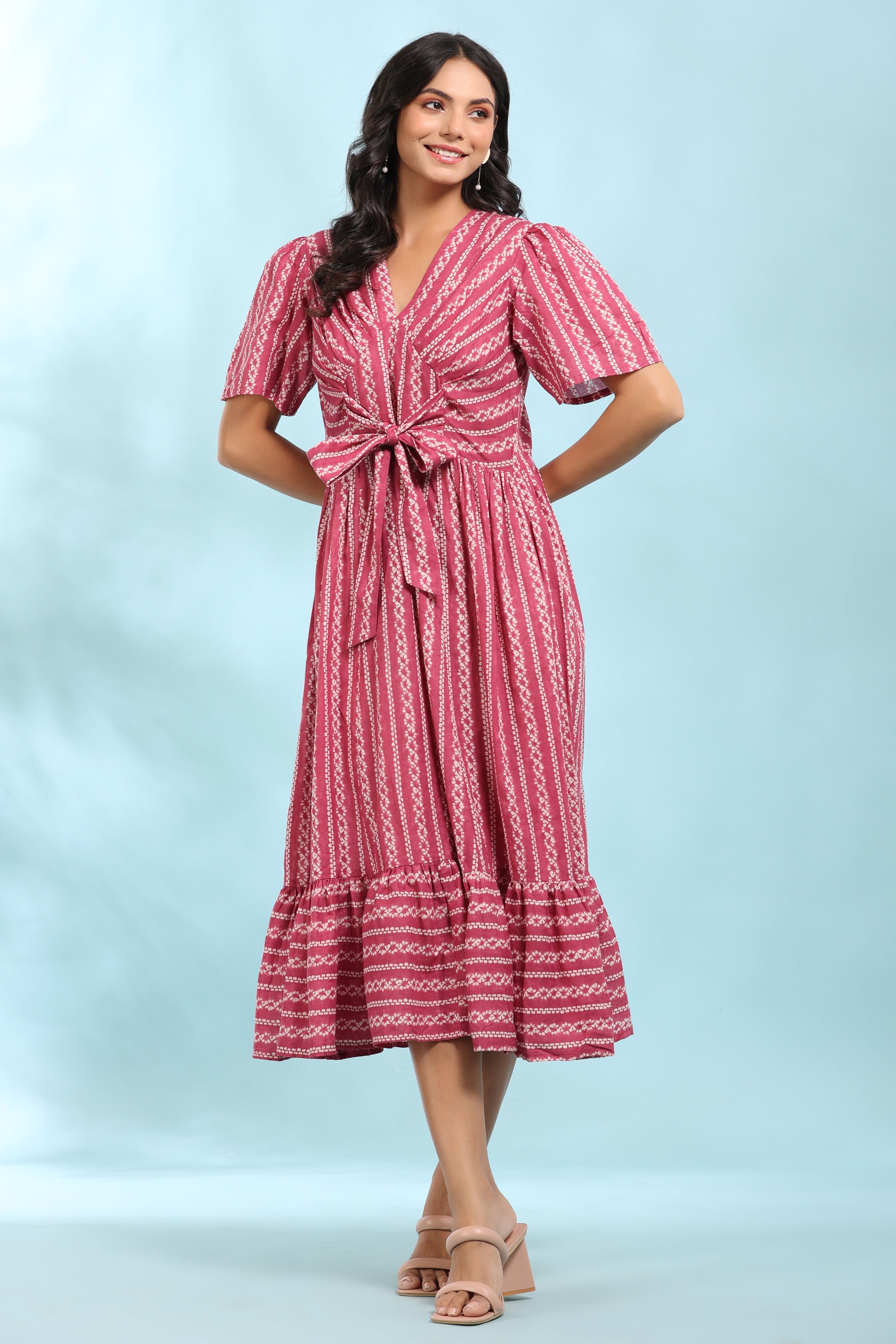 Front Bow Tie on Pink Shibori Cotton Dress