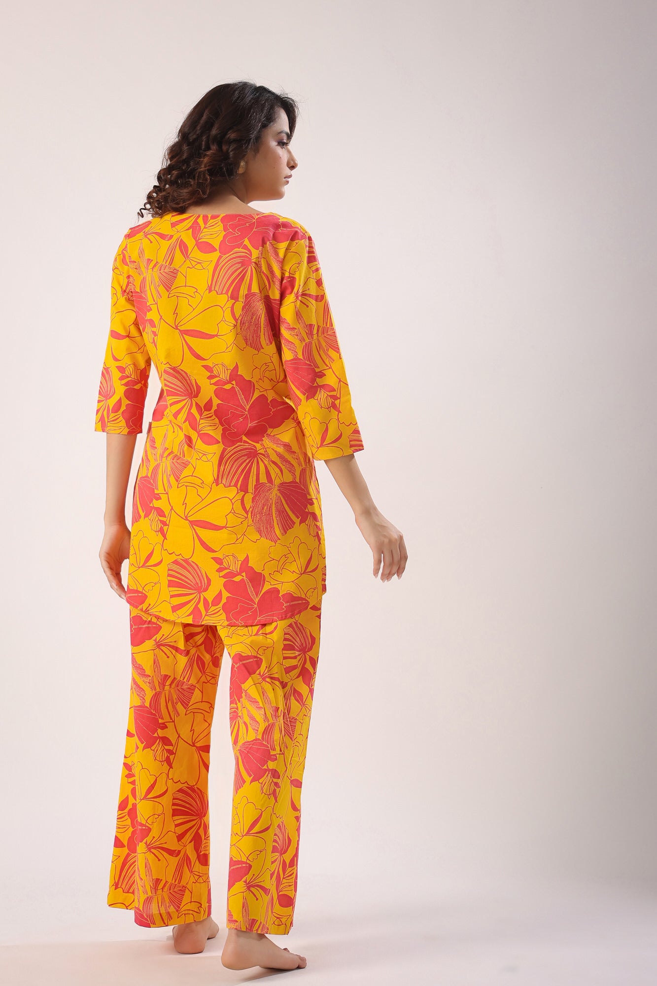 Abstract Art On Mustard Cotton Palazzo Loungewear Set