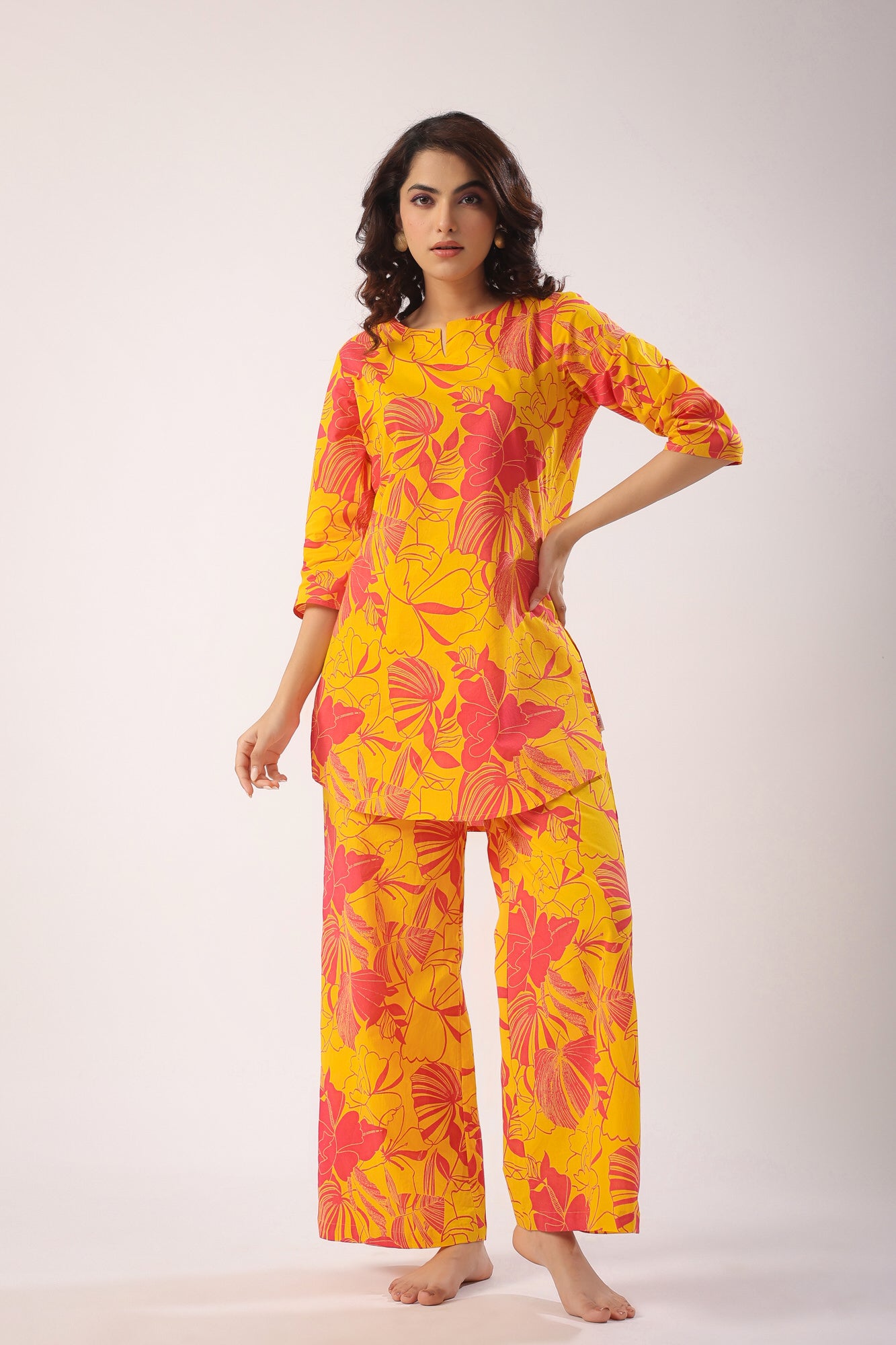 Abstract Art On Mustard Cotton Palazzo Loungewear Set