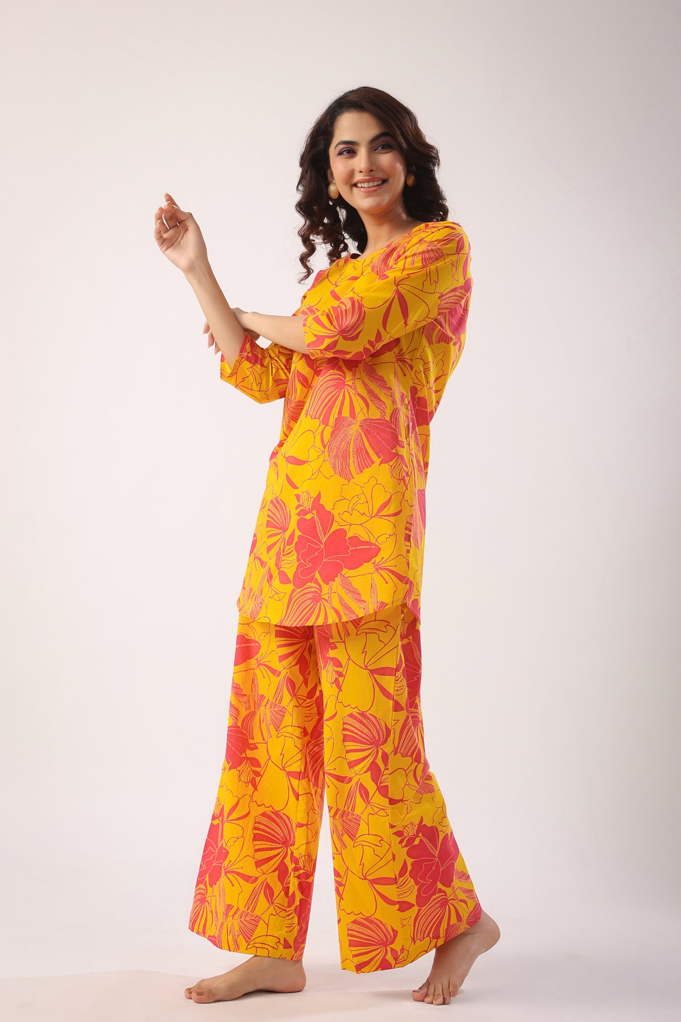 Abstract Art On Mustard Cotton Palazzo Loungewear Set