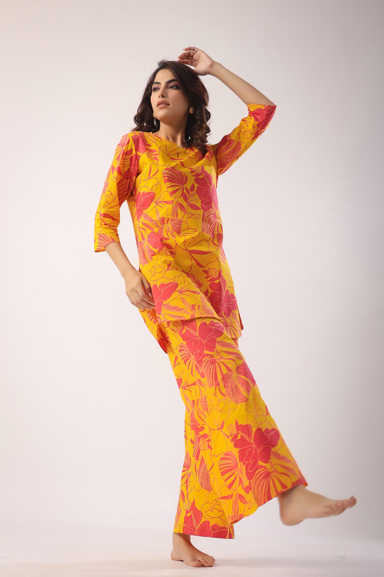 Abstract Art On Mustard Cotton Palazzo Loungewear Set