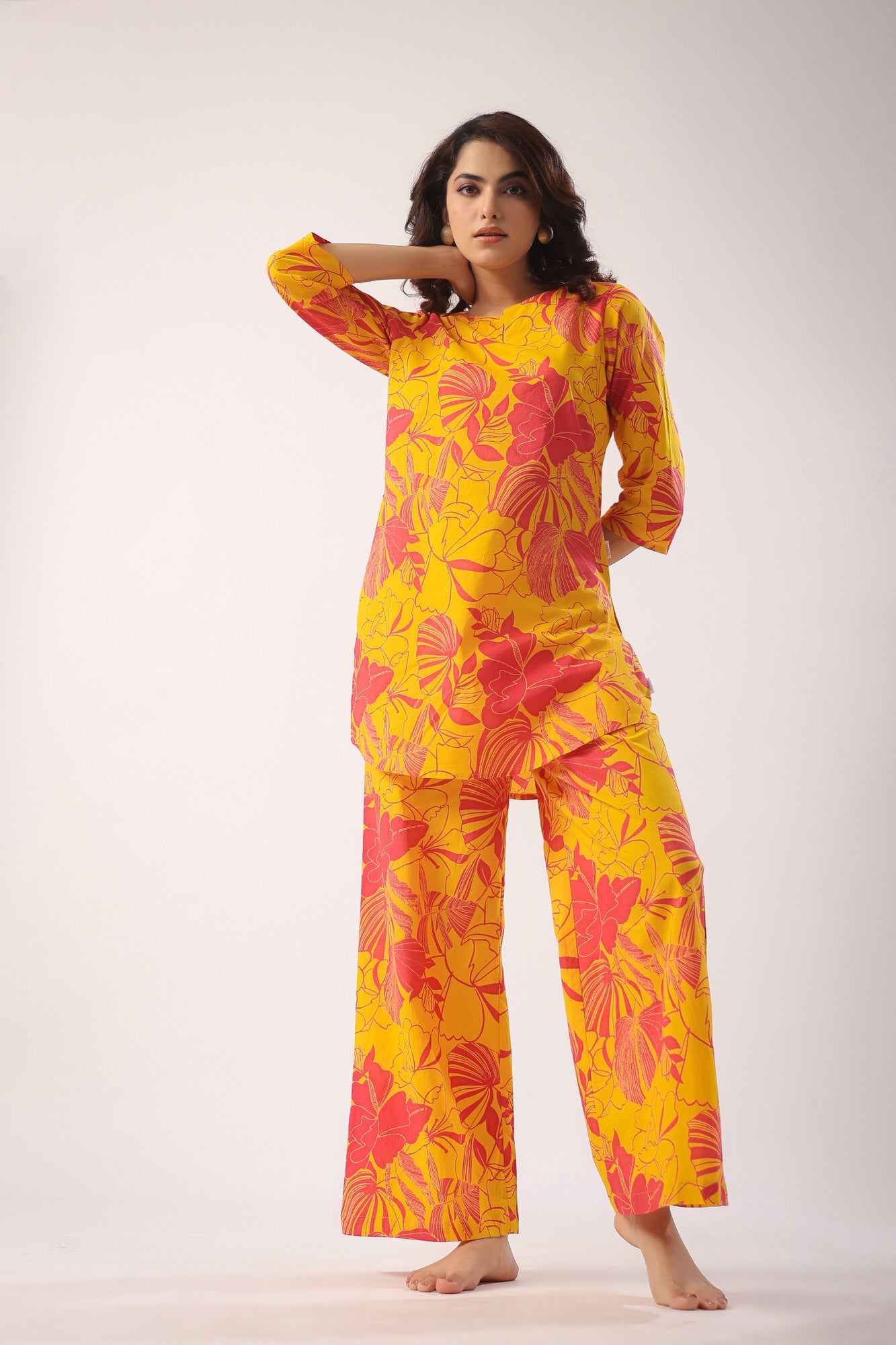 Abstract Art On Mustard Cotton Palazzo Loungewear Set