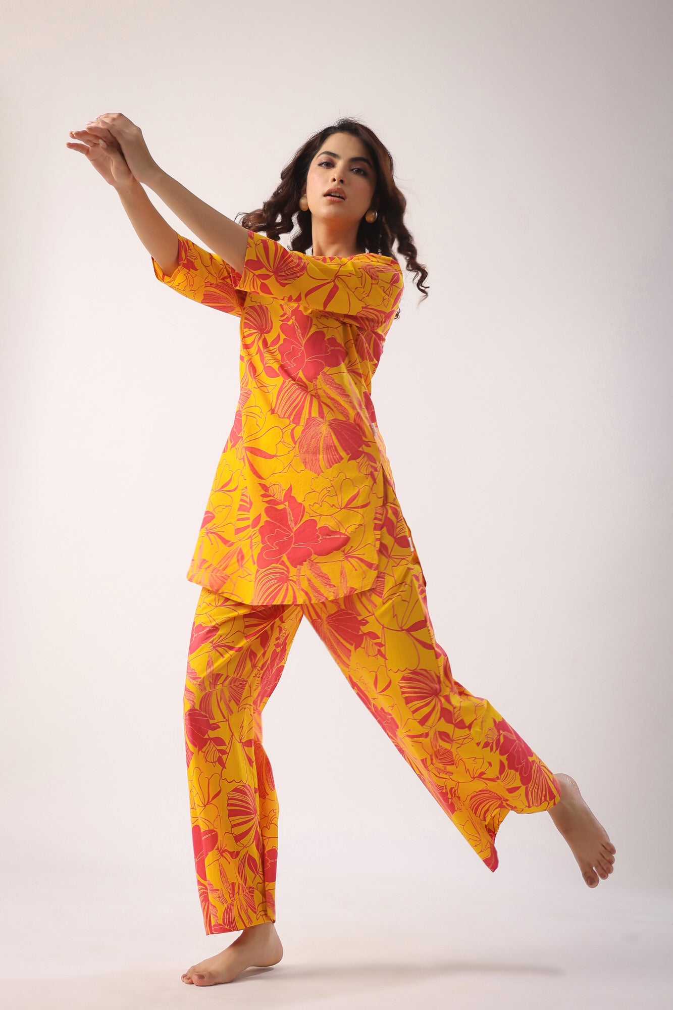 Abstract Art On Mustard Cotton Palazzo Loungewear Set
