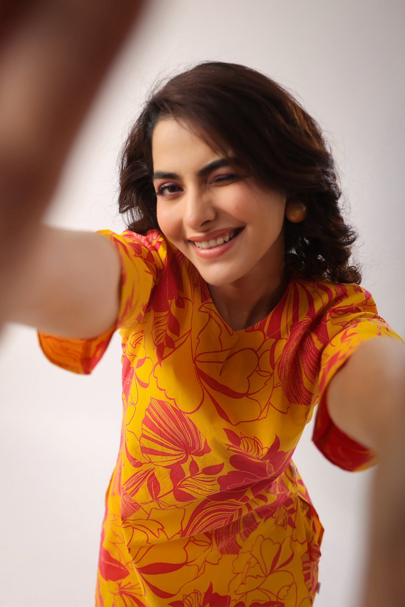 Abstract Art On Mustard Cotton Palazzo Loungewear Set