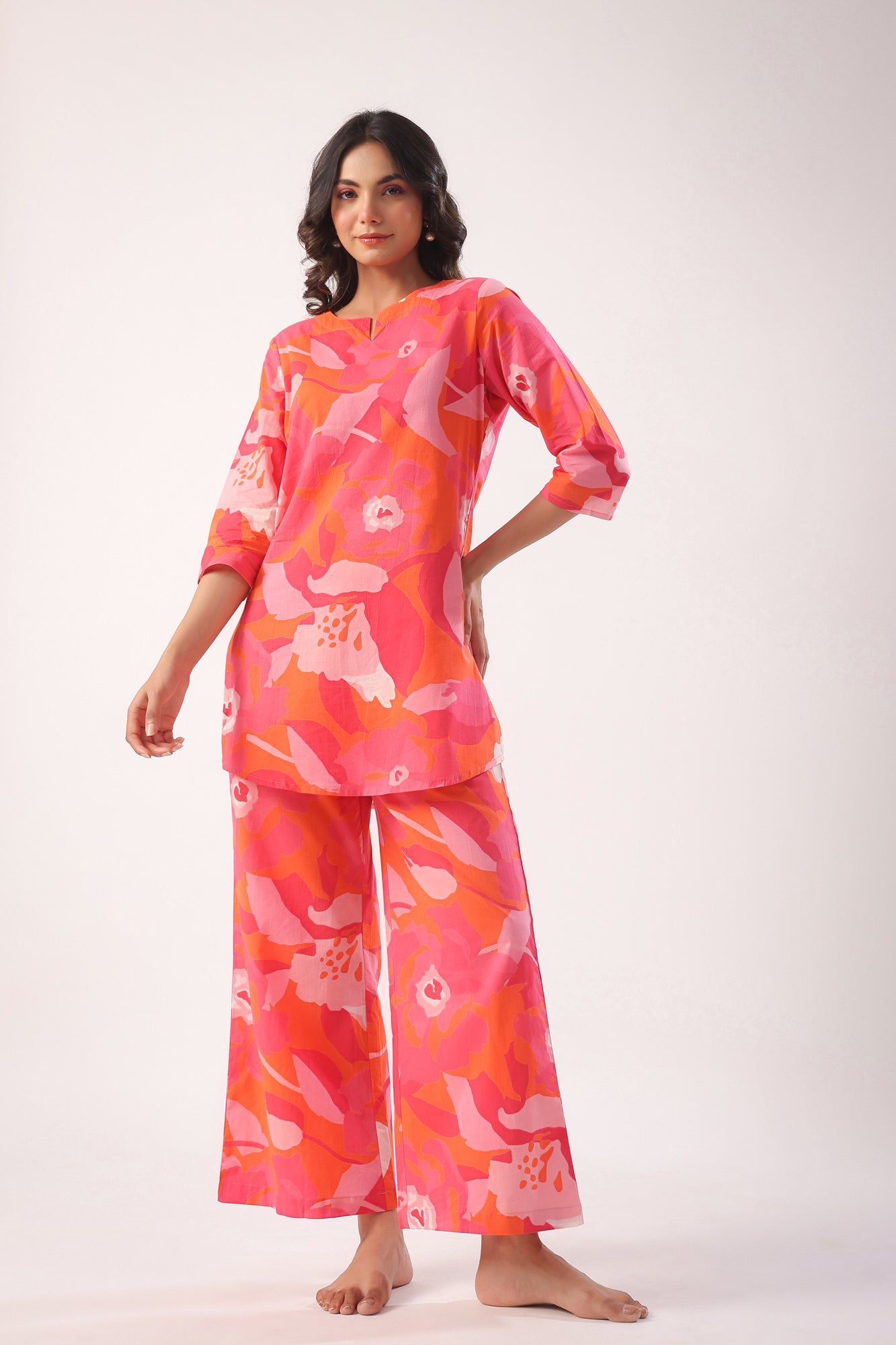 Paint Strokes on Orange Cotton Palazzo Loungewear Set
